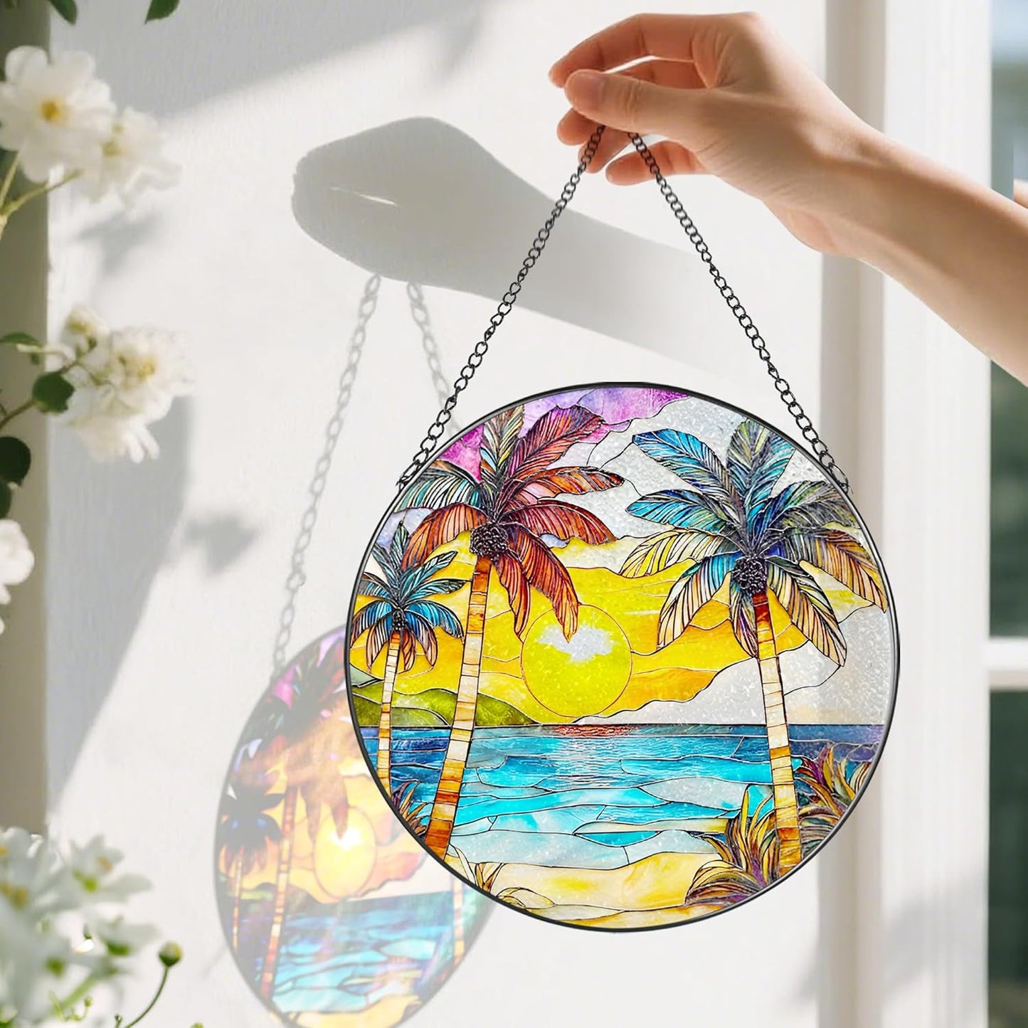 Stained Glass Window Hanging, 8 Inch Beach Sunset Stained Glass Suncatcher, Window Hanging Decor, Beach Lover Home Decor, Seabeach Sunrise Suncatcher, Gift for Mom Grandma