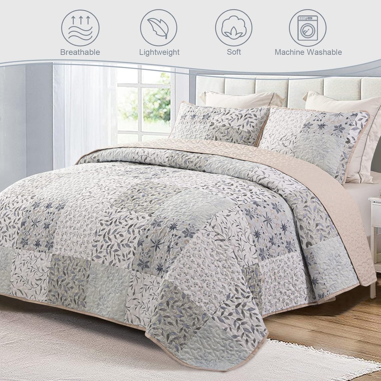 Exclusivo Mezcla Reversible Boho Quilt Set Queen Size, 3 Pieces Patchwork Gray All Season Bedspreads, Ultra Soft Floral Coverlet Bedding Set with Printed Pattern (1 Quilt, 2 Pillow Shams)
