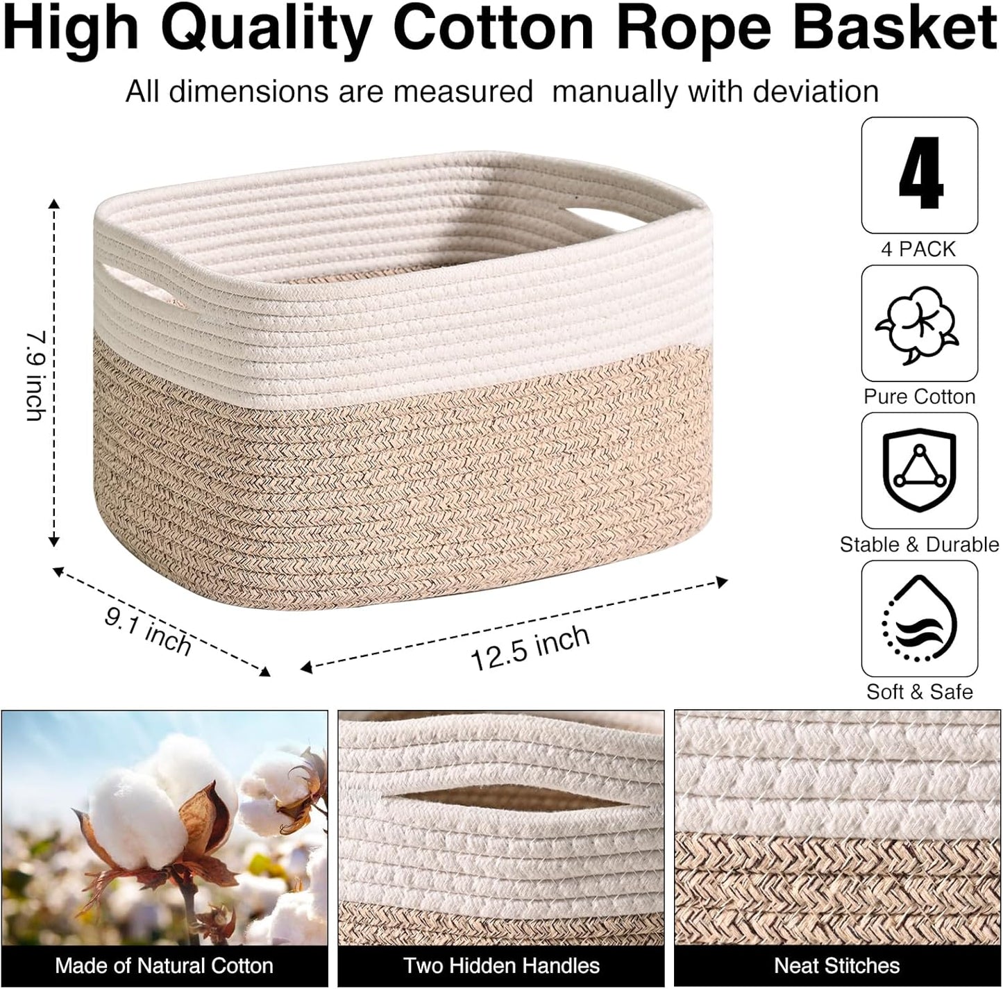 Storage Baskets for Shelves, Woven Storage Basket, Bins for Cube Storage, Cotton Rope Basket with Handles for Toy, Book, and Clothes Living Room, (4 Packs) Off White & Brown