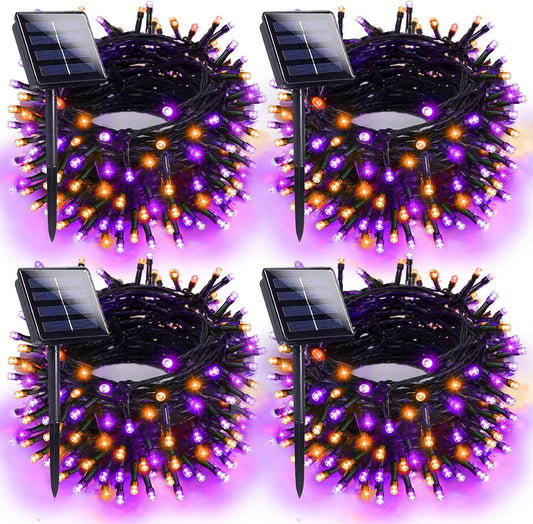 4pk Orange and Purple Solar Halloween Lights Outdoor Waterproof, 400LED 132FT Solar Powered LED String Lights Black Wire with 8 Modes, Solar Fairy Lights for Halloween Horror Party Tree Wedding Decor