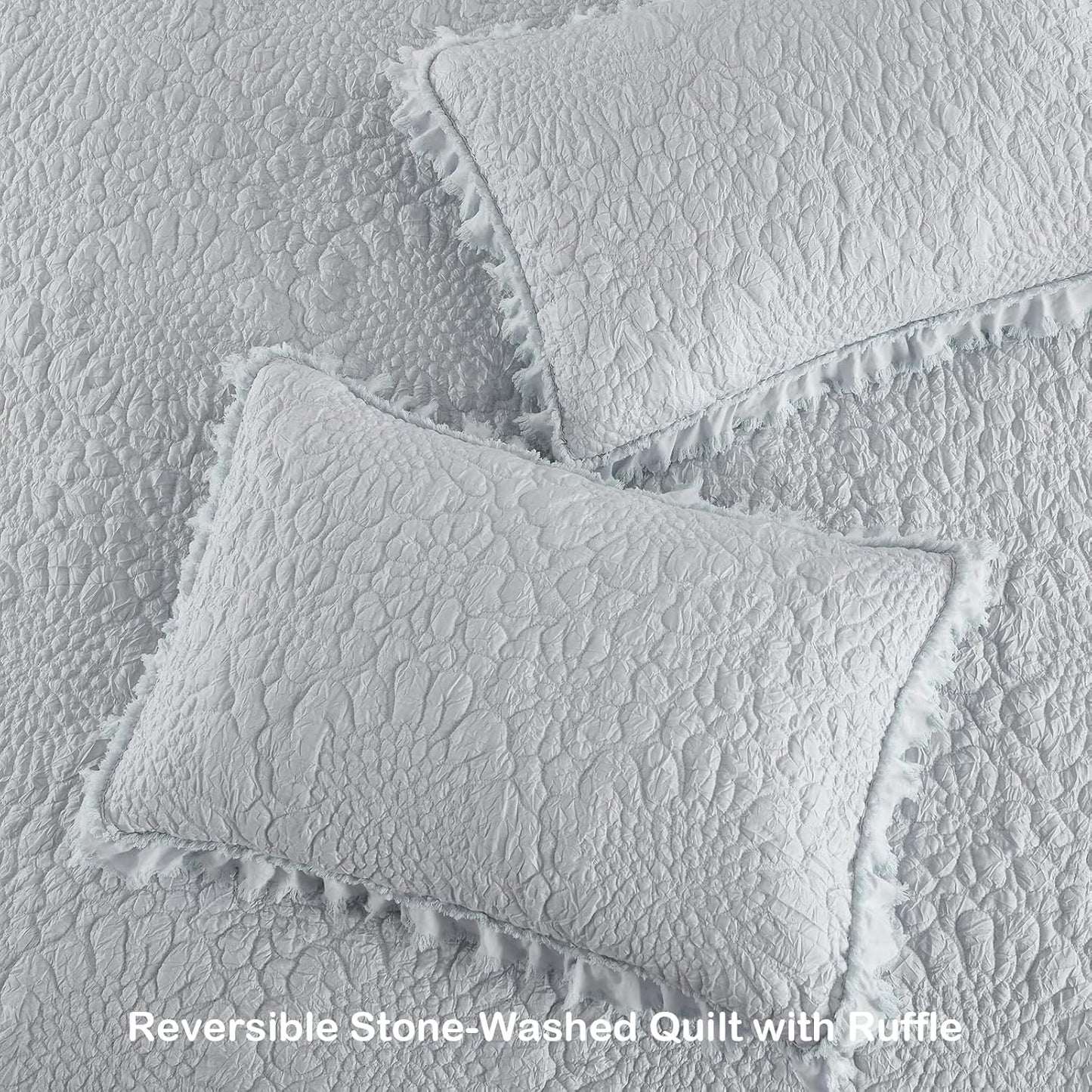 HORIMOTE HOME Light Blue Ruffled Quilt Twin Size, Stone-Washed Microfiber Lightweight Crinkled Farmhouse Rustic Shabby Chic Bedding Set, 2 Pieces Reversible Bedspread with Pillow Sham for All Season