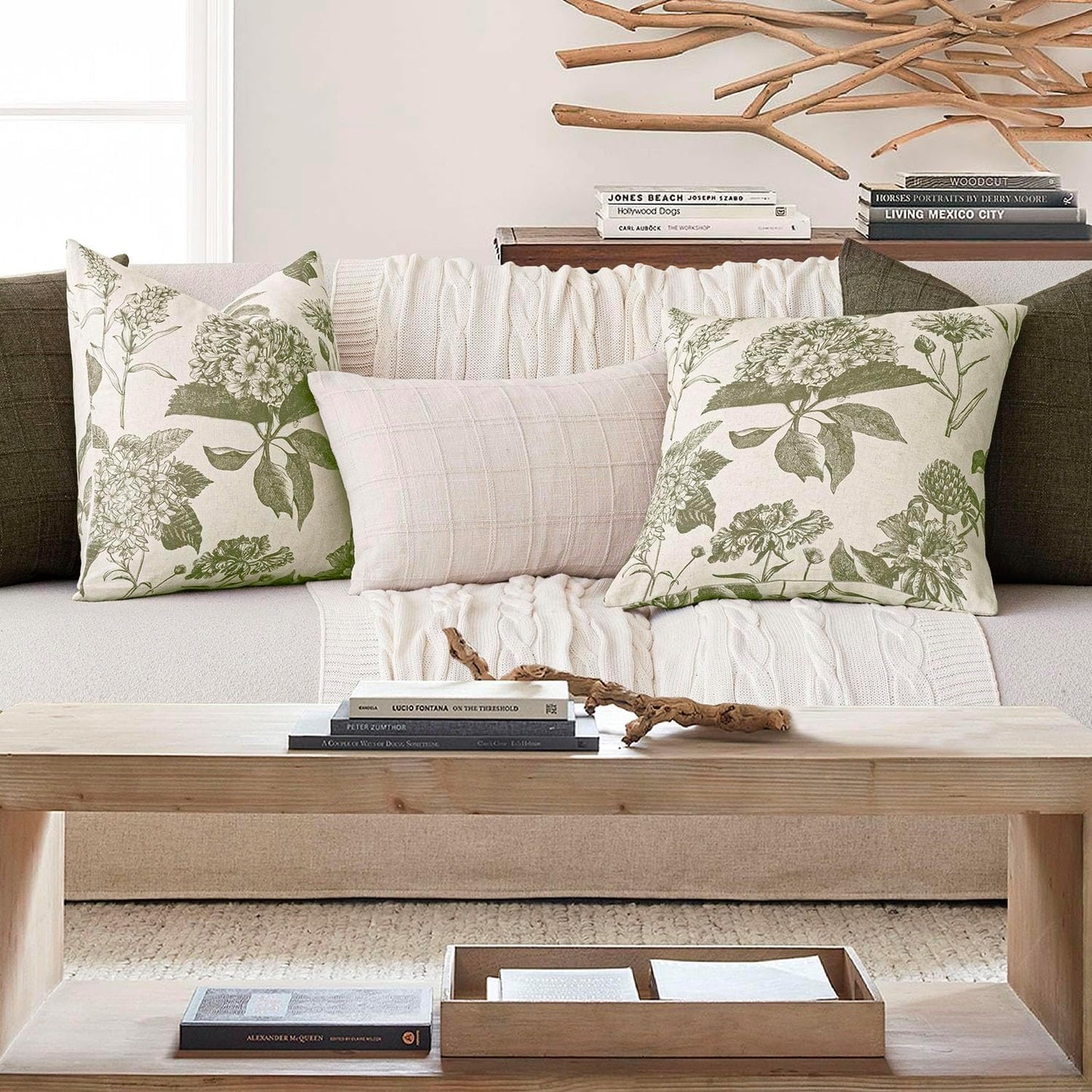 Foindtower Set of 2 Linen Floral Throw Pillow Covers Neutral Vintage Print Decorative Cushion Covers Farmhouse Boho Home Decor for Sofa Chair Couch Bedroom Living Room Outdoor,24×24 Inch,Sage Green