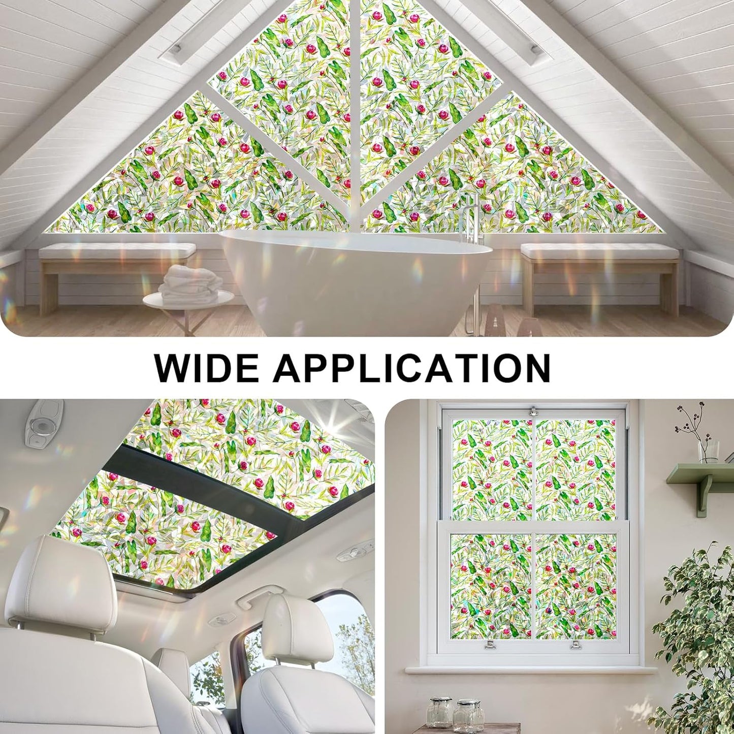 Rainbow Window Privacy Film 3D Floral Decorative Stained Glass Window Film Anti UV Non-Adhesive Reusable 23.6" x 157.4" for Home Room Car Glass Cling