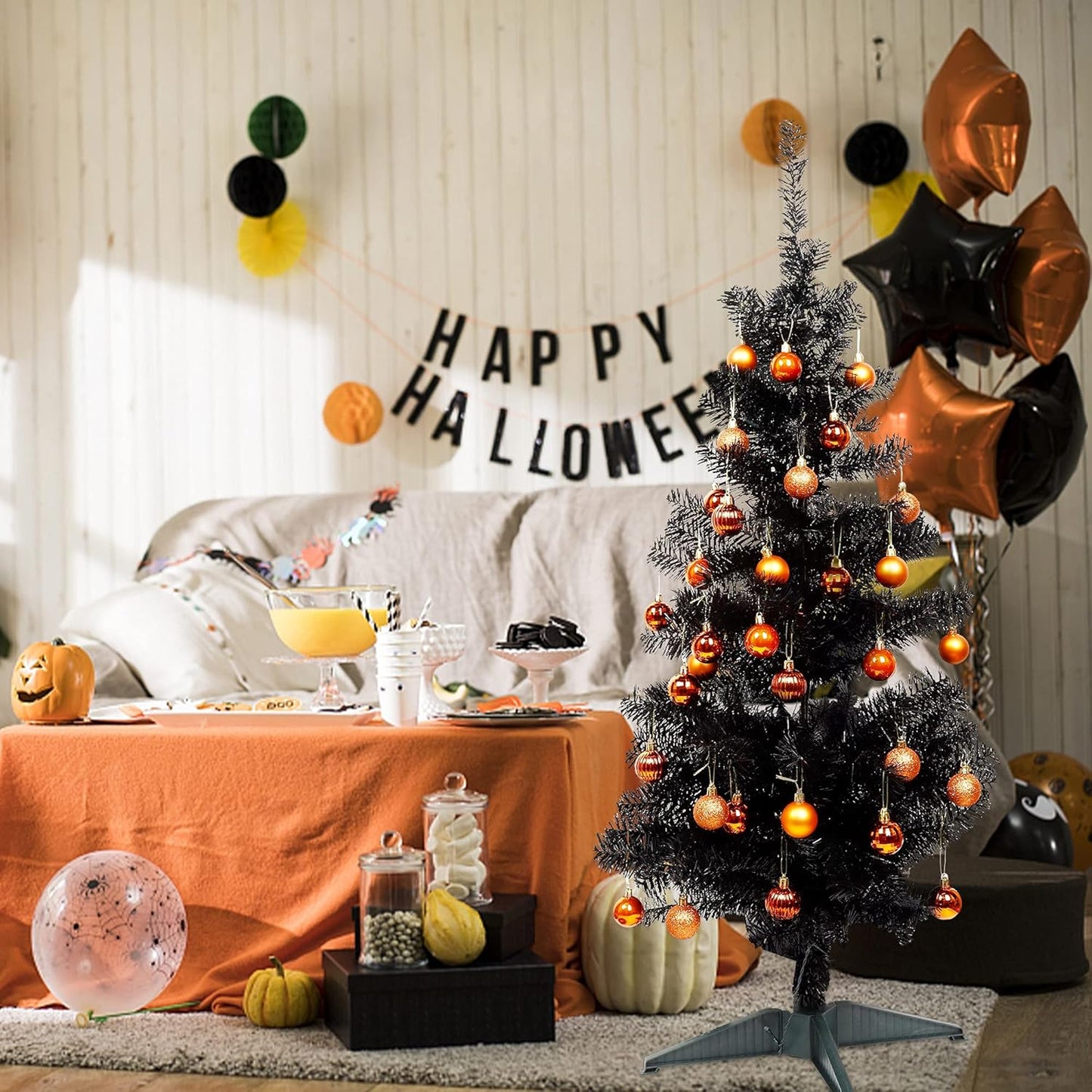 Lulu Home Halloween Ball Ornaments, 34 Ct 1.57" Pre-Strung Hanging Ornament Decorations, Shatterproof Plastic Balls for Holiday Party Wreath Garlands Trees, Orange