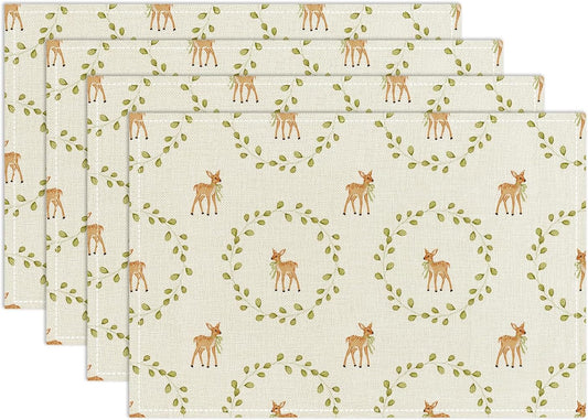 Fawn Themed Placemats Set of 4, Green Leaf Table Mat for Home Kitchen, Restaurants, Outdoor Linen Washable Place Mats 12x18 inch Party Event Dining Decoration-10