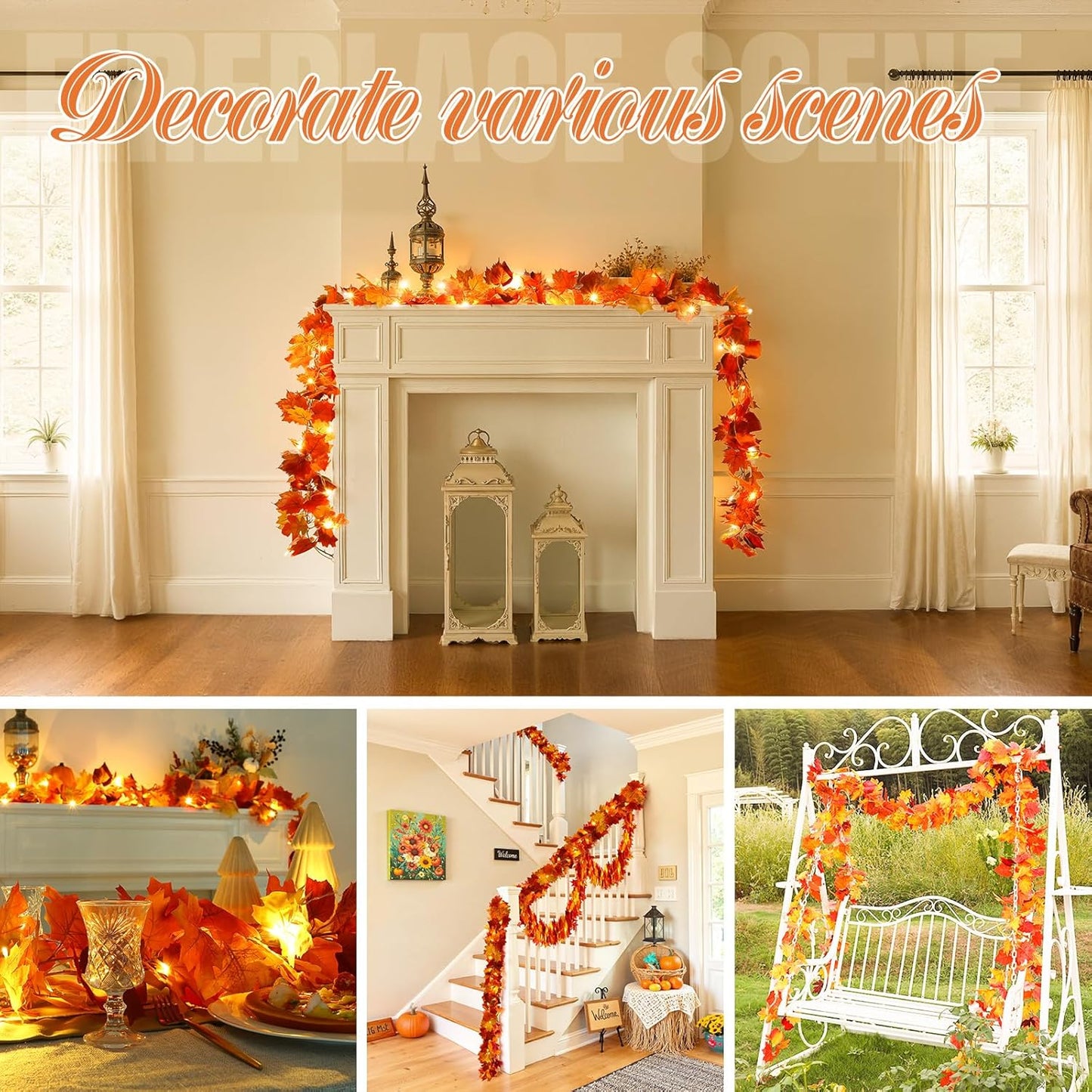 Joyhalo 2 Pack Fall Garland with Lights, Fall Leaves for Mantle, Outdoor Lighted Up Leaf Garland Autumn Decor with 6.5FT LED String Lights, Hanging Maple Leaves for Door, Thanksgiving Decor