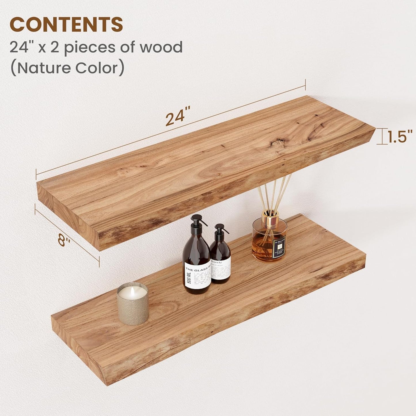 Floating Shelves for Wall Decor, Rustic Solid Elm Wood Floating Shelves Wall Mounted, Wall Shelves with Invisible Bracket for Living Room Bathroom Bedroom Kitchen, 24 Inch Set of 2, Natural