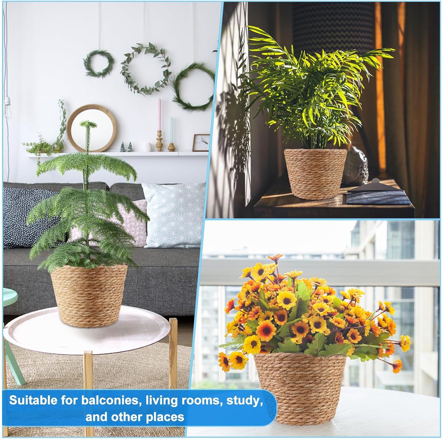 4 Pcs Large Premium Seagrass Planter Basket with Plastic Lining Natural Stylish Planter Baskets Indoor Outdoor Plants Woven Wicker Baskets for Plants Flower Pots Cover and Room Decor(10.2x7.5x7.5")