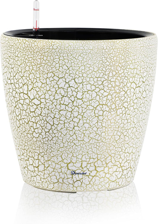 Dexceder 15x14 Self Watering Planter with Wheels Indoor Outdoor, Inner Pot Design, Thickened Large Floor Standing Flower Plant Pot with Water Level Indicator (White Gold Crackle)