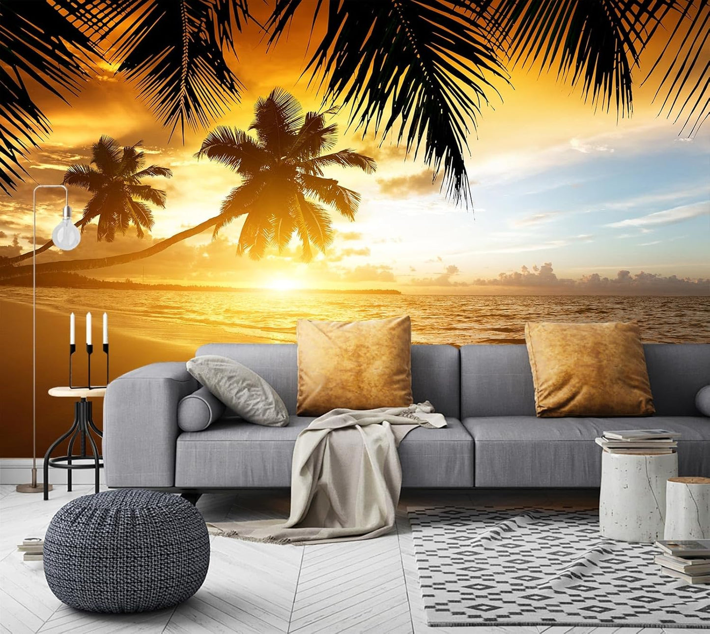 WFBHUA-Tropical Beach Wallpaper Dusk Waves Palm Tree Leaf Coconut Tree Wall Mural for Living Room Bedroom (Not Peel and Stick)