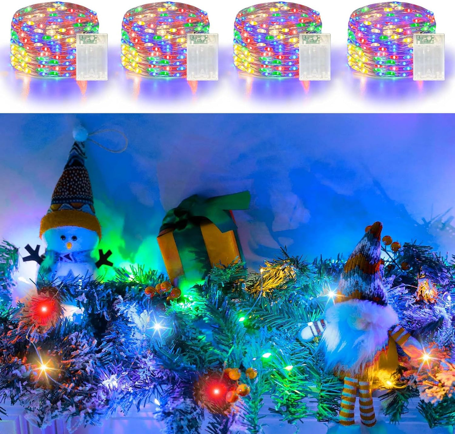 4 Pack 60LED Christmas Fairy Lights Battery Operated - 20FT Twinkle Lights with 2 Lighting Modes Indoor Outdoor, Waterproof Led Fairy String Lights for Bedroom, Classroom, Dorm, DIY Decor, Multicolor