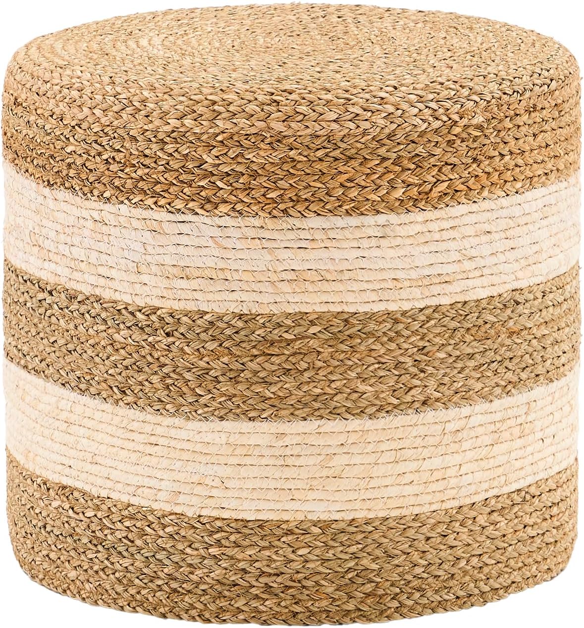 Handwoven Ottoman Pouf, Natural Seagrass Footstool, Round Braided Outdoor Seat with Sturdy Frame, Boho Accent Stool for Patio, Balcony, or Garden (Seagrass White)