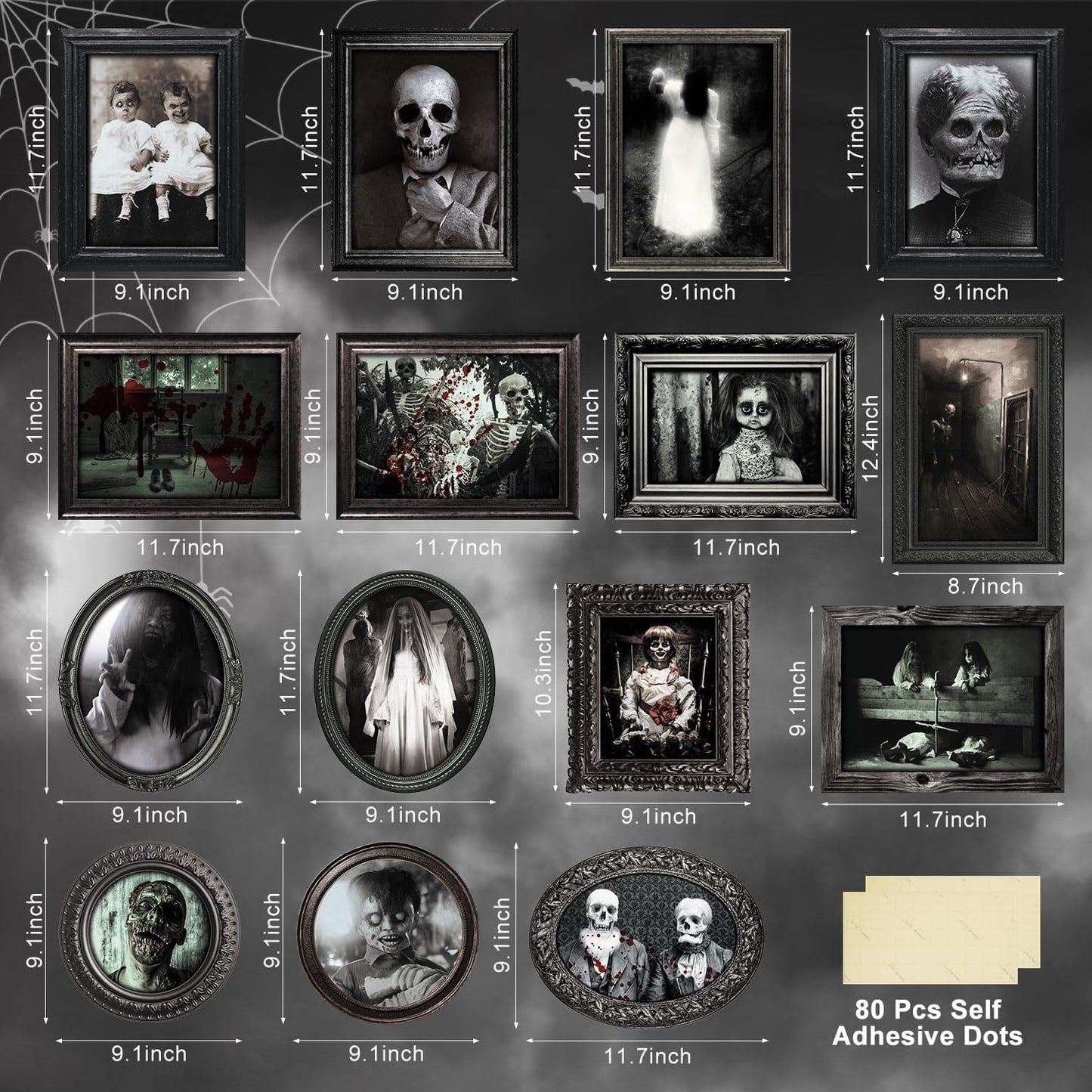 15 Halloween Gothic Creepy Skull Photos Haunted Horror Picture Frame, Waterproof Durable, with 80pcs Self Adhesive Dots，Creepy Photo Decoration For Haunted Family Castle Masquerade Party Black