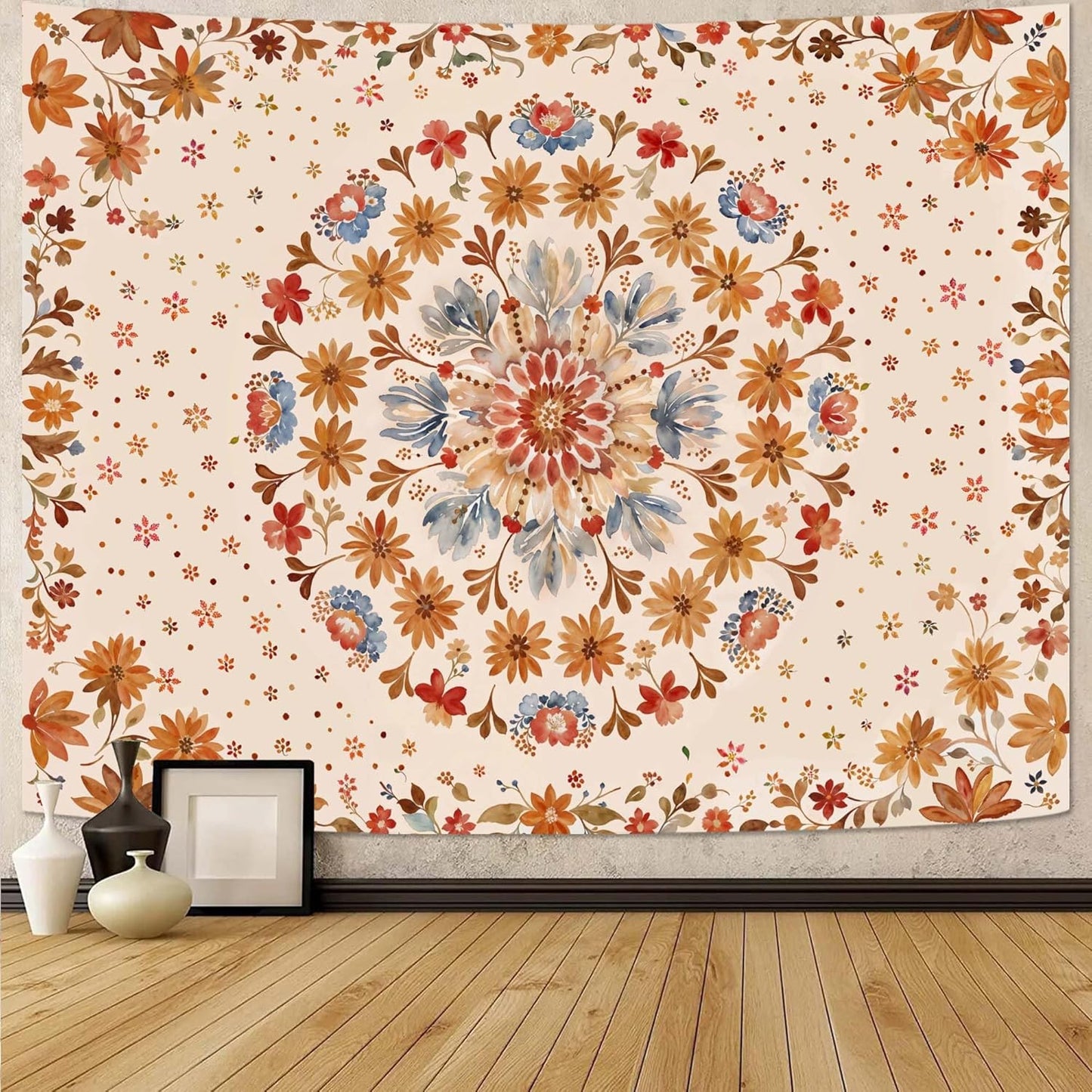 Fowocu Boho Floral Mandala Tapestry Wall Hanging Watercolor Bohemian Flower Medallion Tapestry Aesthetic Beige Orange Hippie Indian Small Tapestries for Bedroom Living Room Dorm Decor 40 x 30 Inch