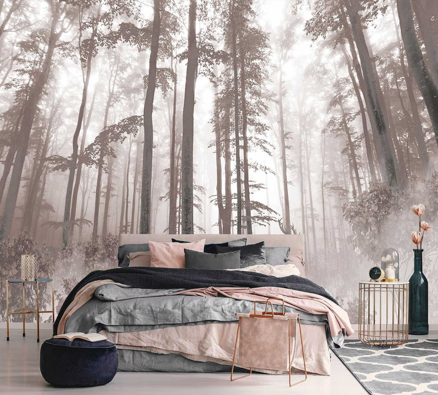 AFZEVEB-Forest Wallpaper Vintage Trees with Deer Wall murals for Bedroom 159"x107" (Not Peel and Stick)