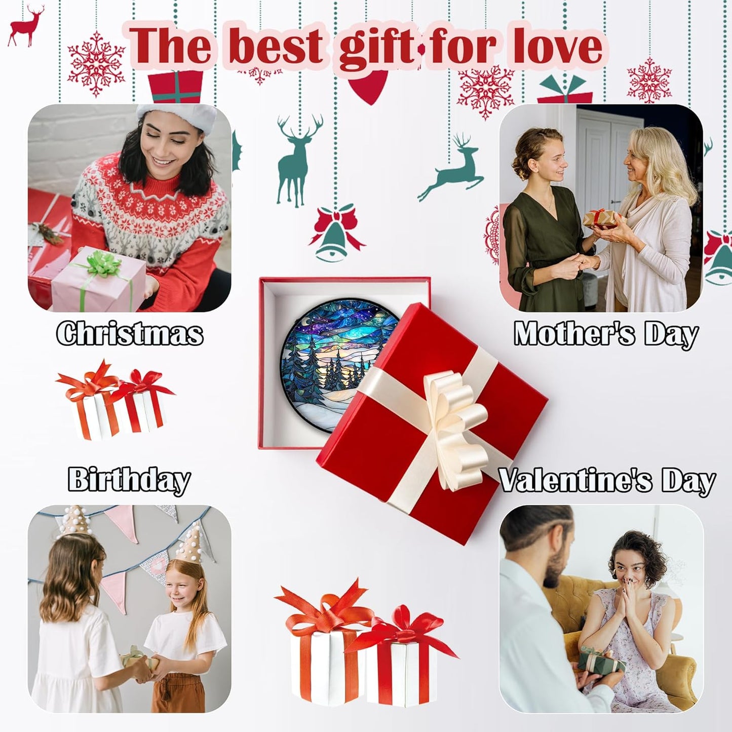 Stained Glass Window Hanging, Starry Sky Trees and Snow Sun Catchers Glass Panel Blue Suncatcher Decor for Birthday for Women, Men, Wife, Aunt, and Mom 9.8 in