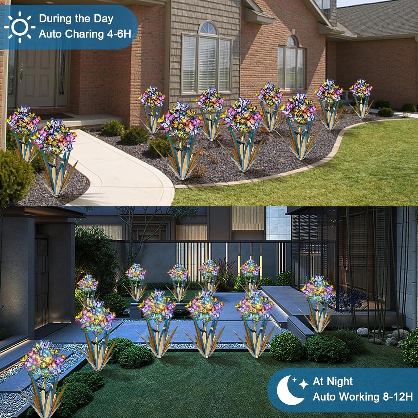 Homight Solar Metal Agave Butterfly Flower Stick Garden Sculpture - Outdoor Christmas Lights With Swaying Butterfly Sunflower - Solar Outdoor Gift (3 PCS Blue)