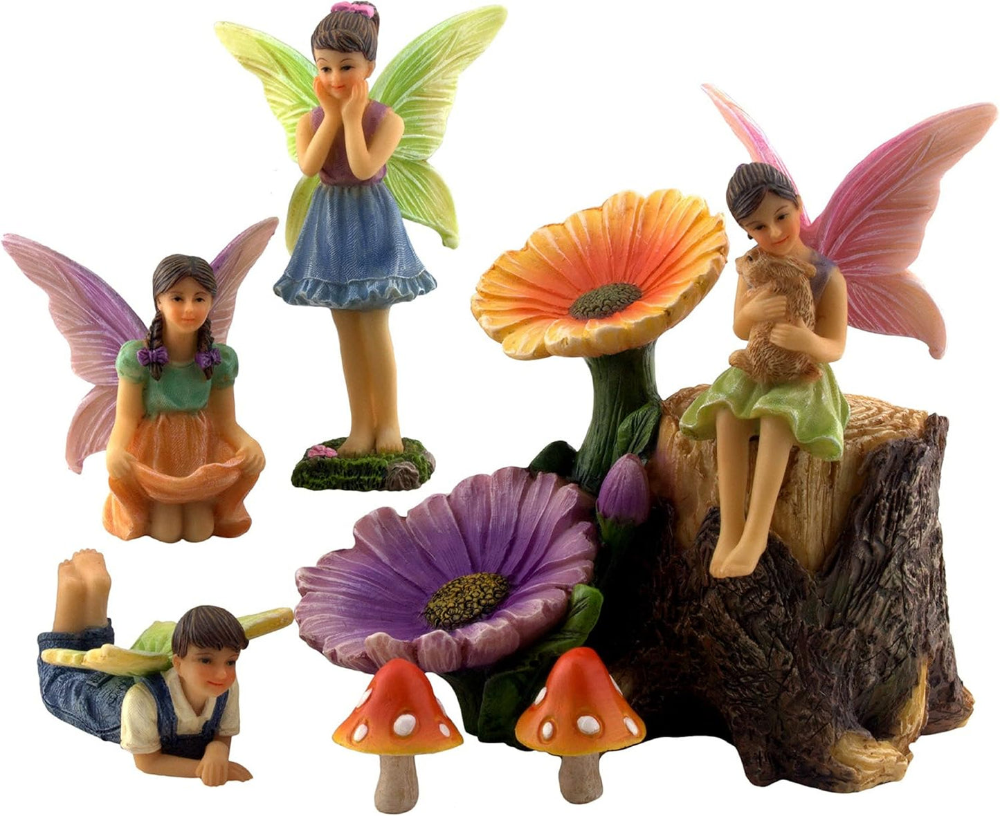 PRETMANNS Fairies for Fairy Garden - Colorful Accessories Kit for an Indoor or Outdoor Miniature Garden - 7 Piece Hand-Painted Resin Figurine Set with a Flower Stump & Mushrooms