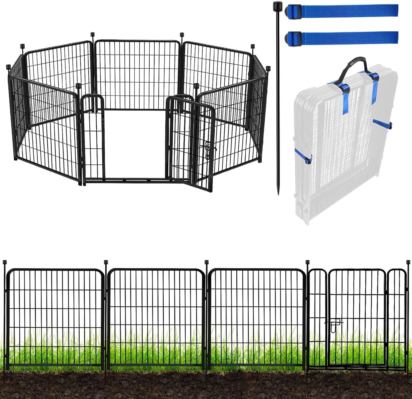 ADAVIN Tall Garden Fence with Gate, 40 in(H) 8 Panels Animal Barrier Fence, Heavy Duty Iron Metal Fence and Border, Indoor or Outdoor Dog Playpen, Flower Bed Fencing, Total 17.7 FT(L),Black