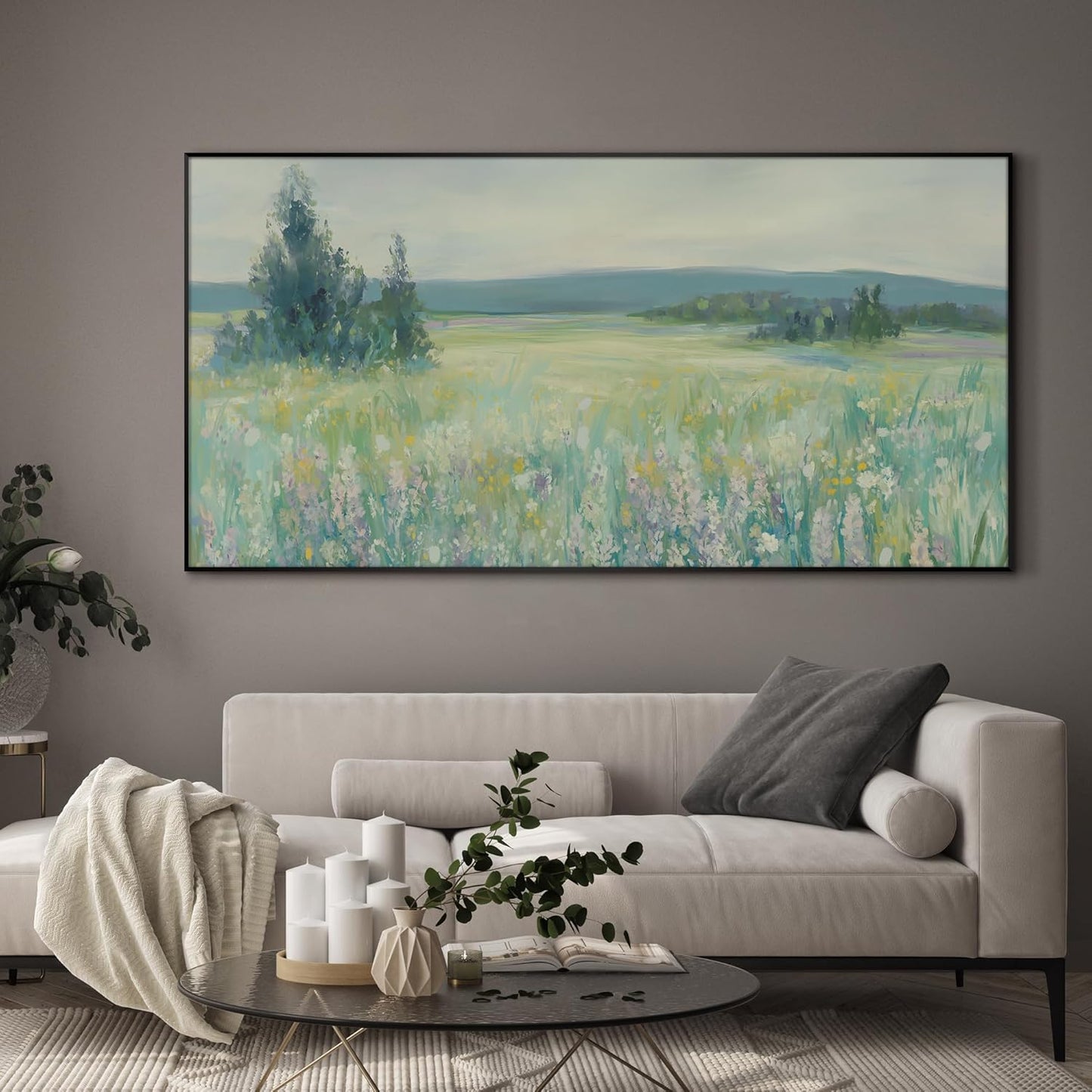SIGNWIN 24"x46" Extra Large Framed Wall Art Wildflower Meadow Landscape Soft Pastel Nature Illustration for Home Living Room Bedroom Decor (Frame Assembly Required)