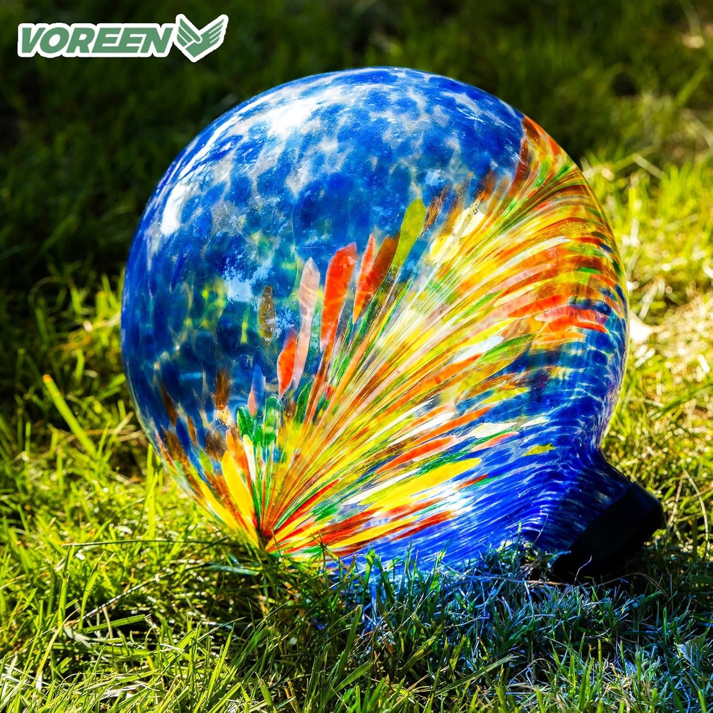 VOREEN 10-Inch Glass Gazing Ball, Outdoor Gazing Globe, Reflective Ball Yard Decoration for Homes, Patio, Lawn and Gardens, Gift for Mom Wife Friend, Phoenix Tail Design, Blue