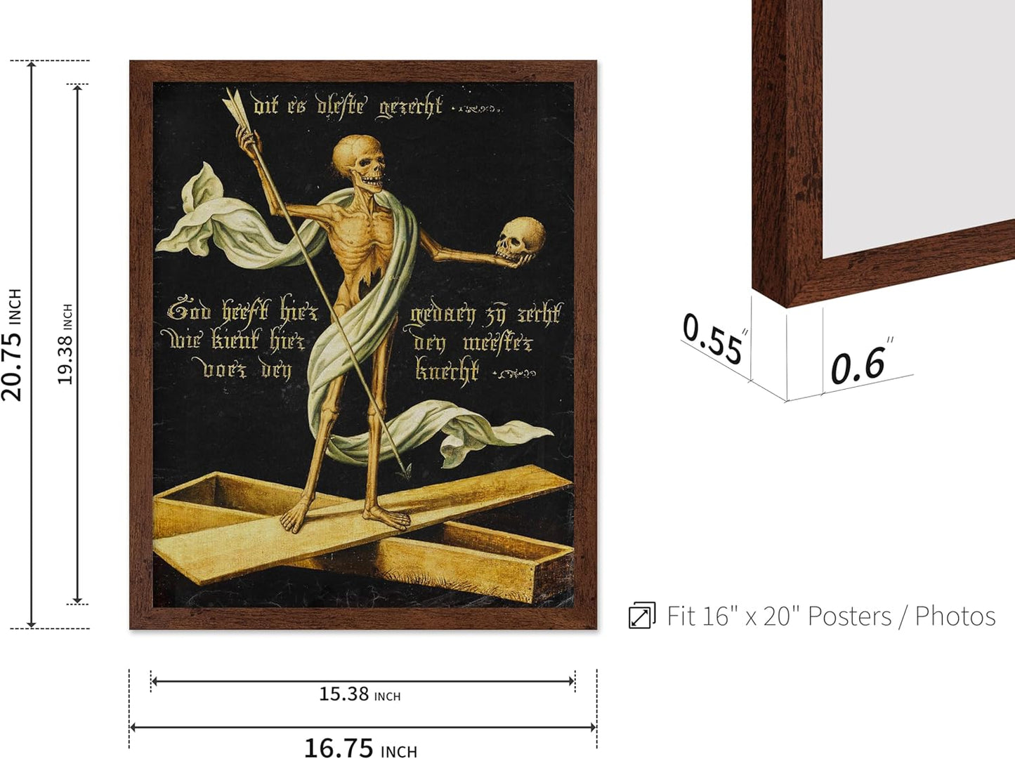 Poster Master Vintage Medieval Poster - Retro Gothic Print - Gift for Artist, Friend - Allegory of Life and Death, Skeleton, Dark, Skull - Wall Decor for Home, Living Room, 16x20 Brown Framed