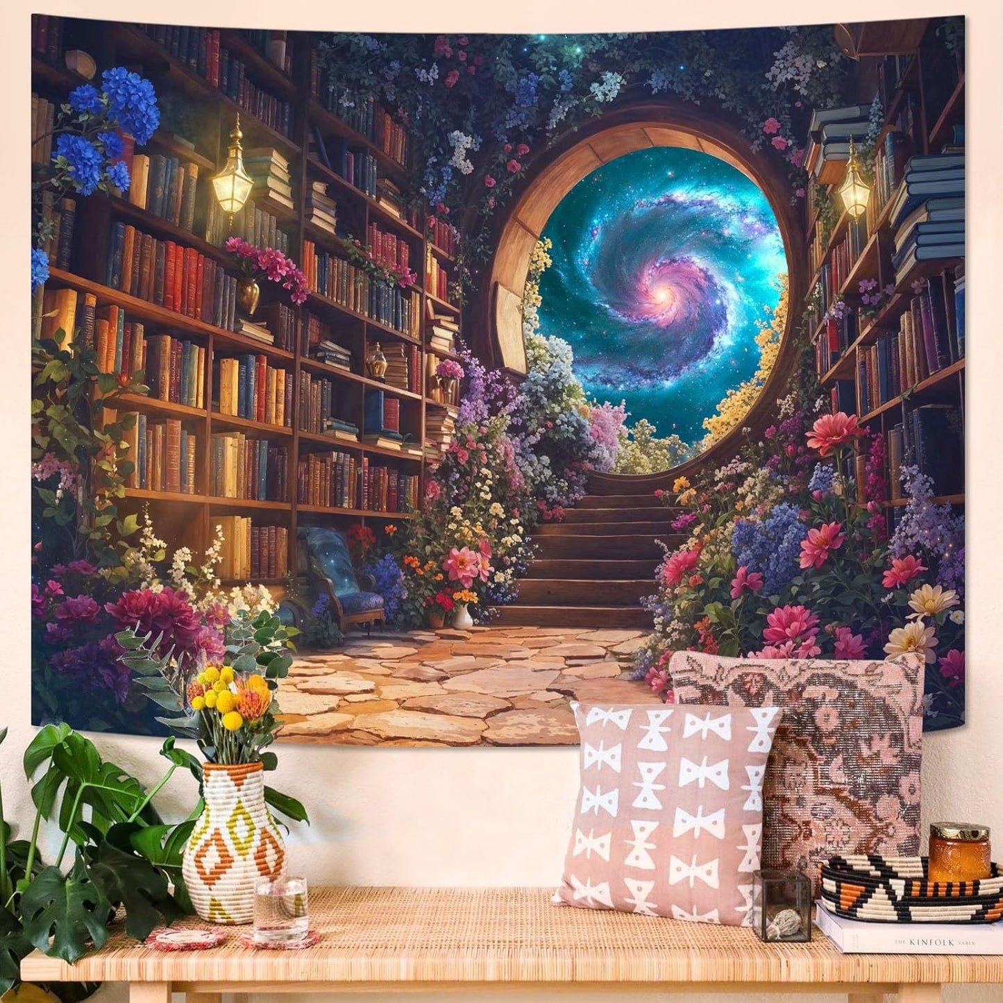 Accnicc Floral Bookshelf Tapestry Fantasy Library Tapestries Wall Hanging Vintage Plant Flower Book Large Tapestry for Bedroom Living Room Dorm 80 x 60 inch