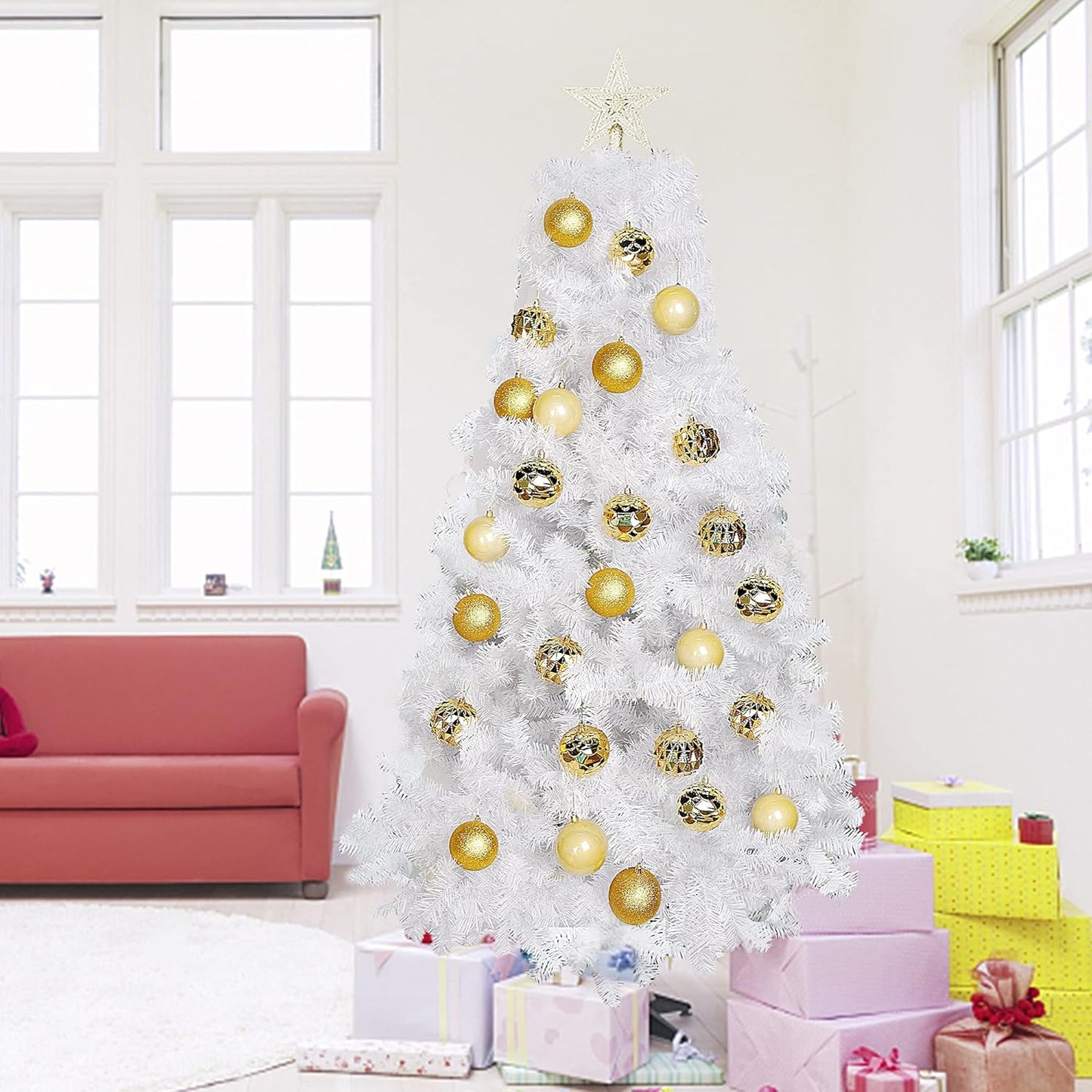 Lulu Home Christmas Ball Ornaments, 20 Ct 3.15" Pre-Strung Hanging Ornament Decorations, Xmas Shatterproof Plastic Balls for Holiday Party Wreath Garlands Trees, Golden