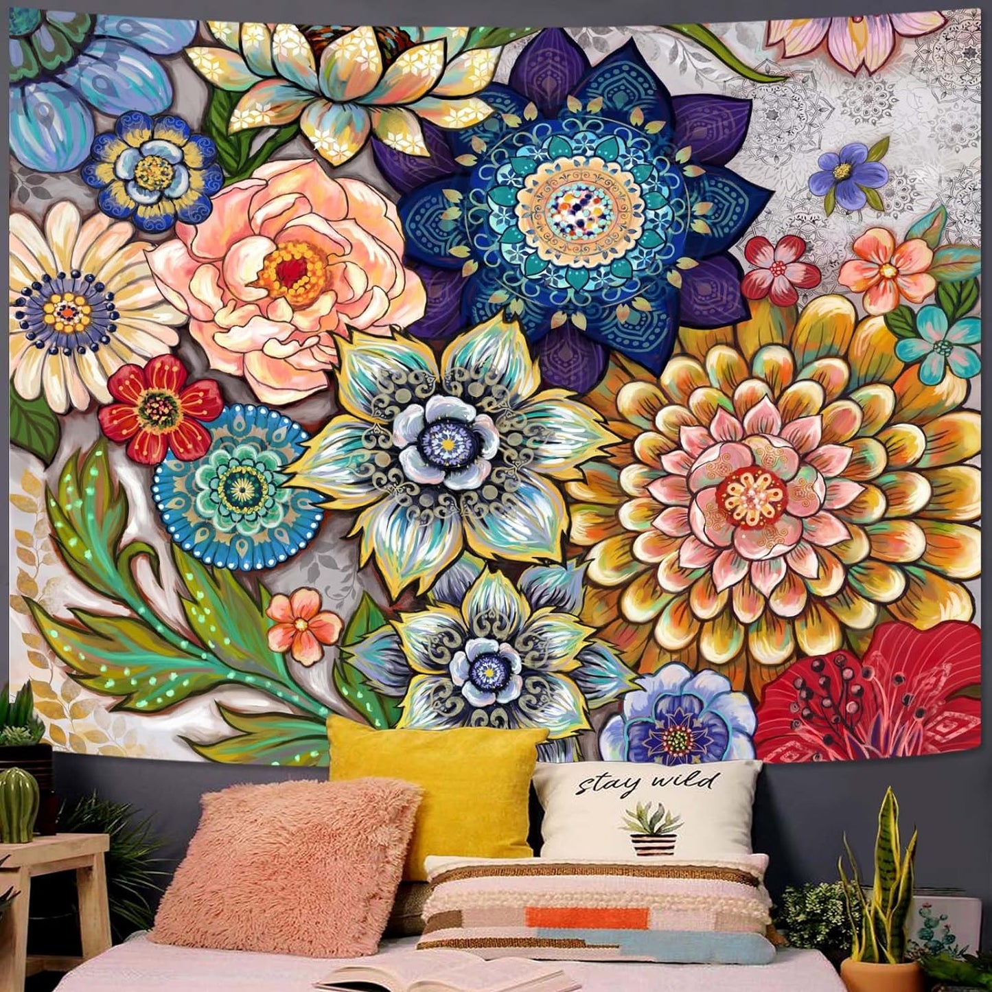 Neasow Colorful Floral Tapestry Wall hanging, Bright Boho Fabric Blossom Tapestries, Multi Color Tapestry for Bedroom Home Hippie Wall Decor 36×48 inch