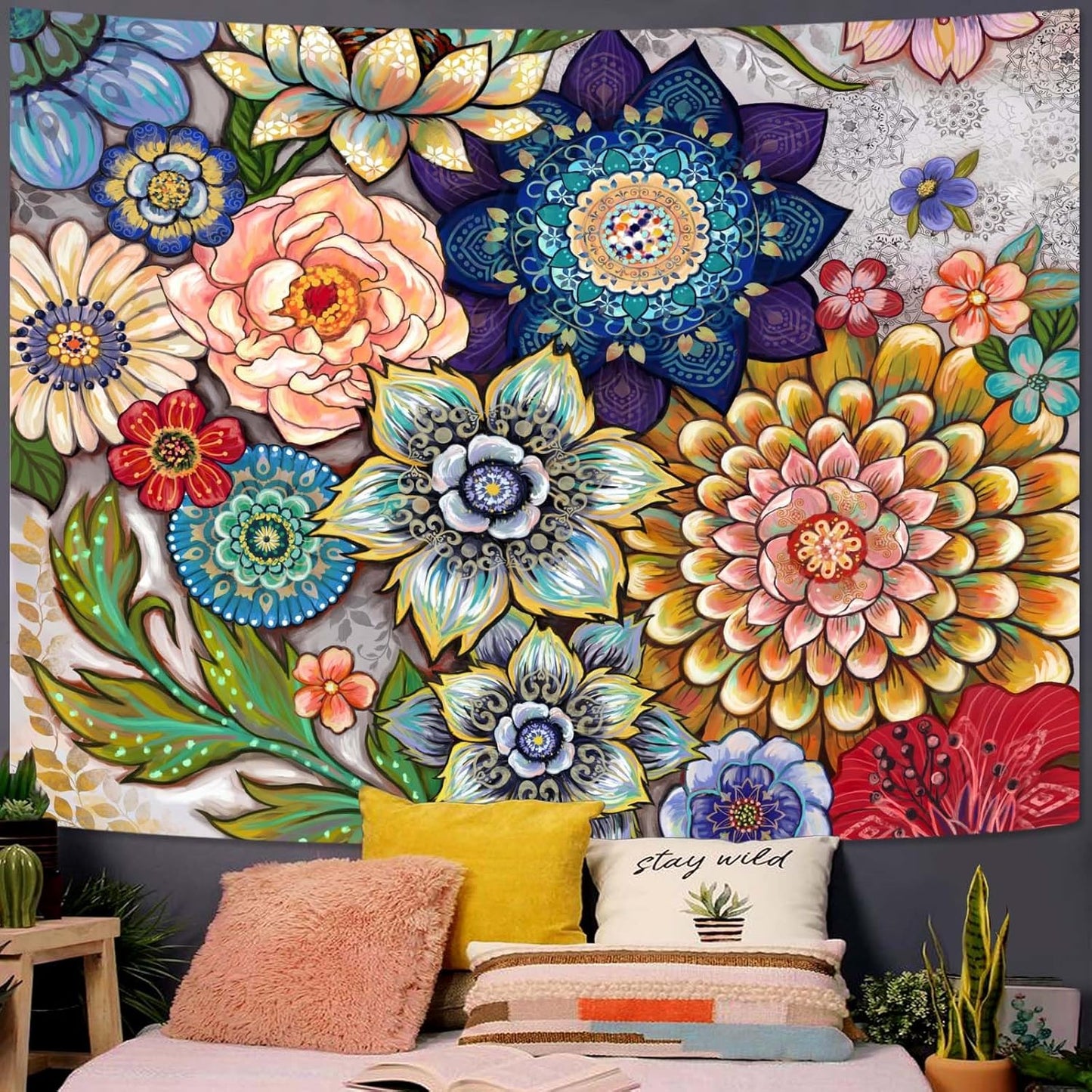 Neasow Colorful Floral Tapestry Wall hanging, Bright Boho Fabric Blossom Tapestries, Multi Color Tapestry for Bedroom Home Hippie Wall Decor 50×60 inch