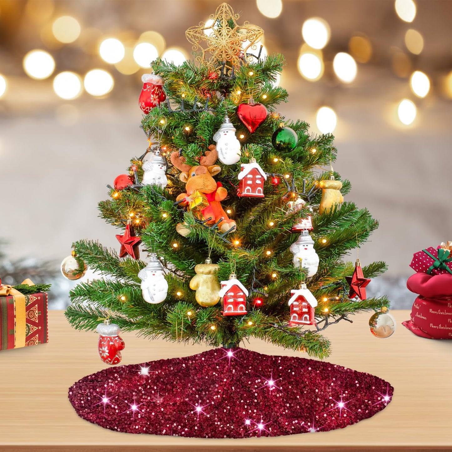 MODFUNS Burgundy Merry Christmas Tree Skirt 21 Inch Sequins Christmas Tree Cover Round Small Xmas Tree Skirt Classic Glittery Tree Base Carpet for Christmas Halloween Birthday Party Banquet Decoration