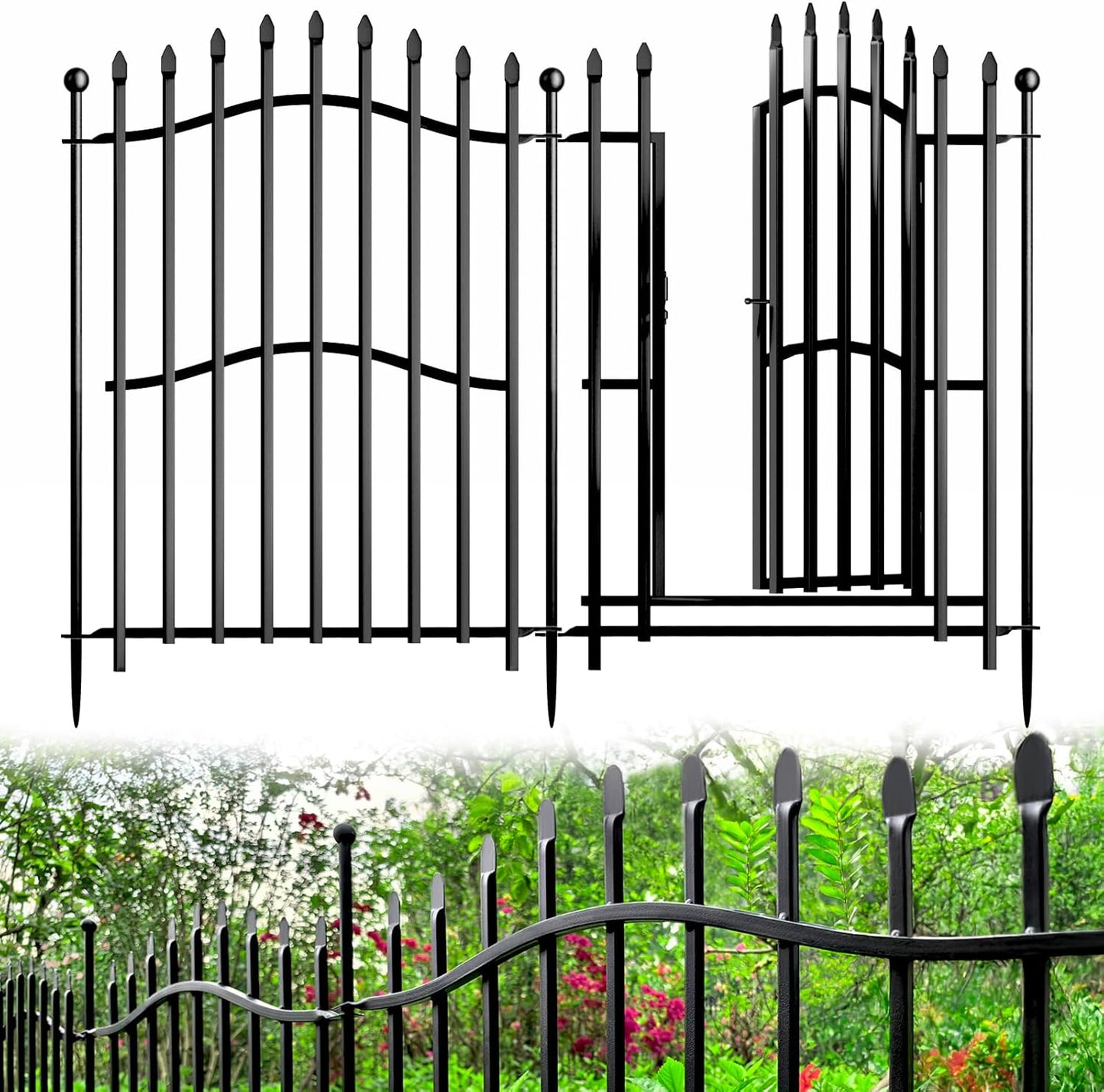 20 Panels Tall No Dig Garden Fence - 32in H x 45ft L 19 Panels + 1 Gate, Reinforced Square Tube Rustproof Animal Barrier, Decorative Metal Fencing for Yard & Outdoor Dog Pet Play Areas