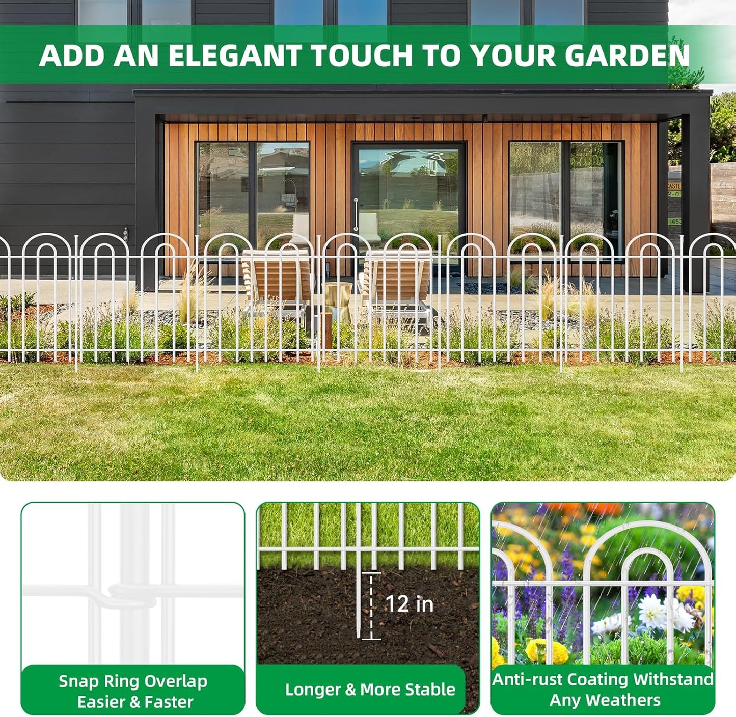 15 Panels Decorative Garden Fence, 32 in(H) X 30 ft(L) No Dig Dog Fence Outdoor for Yard, Rustproof Tall Metal Garden Fencing Animal Barrier with Ground Stakes, Temporary Fencing for Patio, White