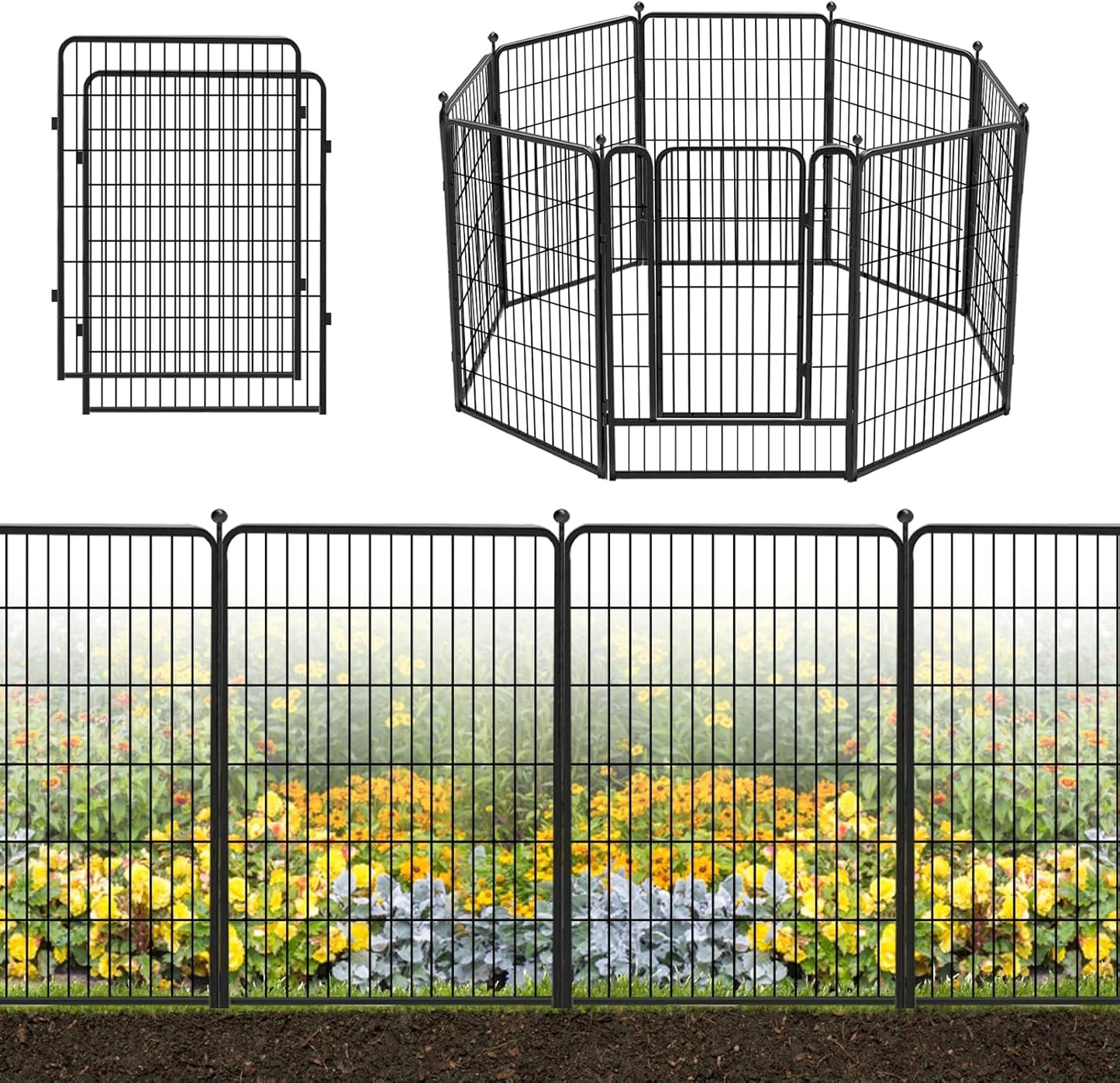 Decorative Black Metal Fencing Garden Fence with Gate, 18ft(L) 40in(H) 8 Fence Panels No Dig Fence Rustproof Animal Barrier Fence Temporary Dog Panels Fencing Outdoor