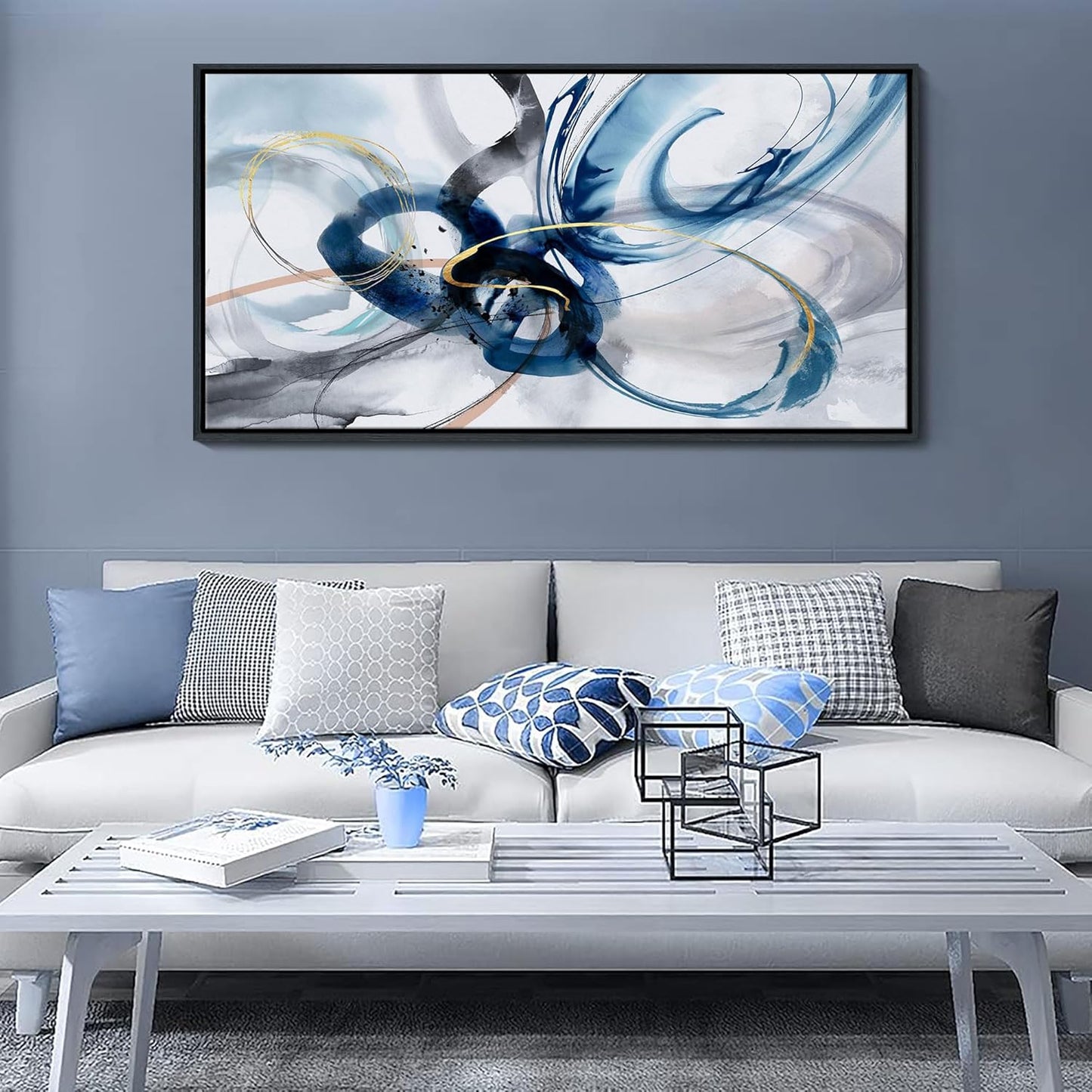 KLAKLA Large Wall Art for Living Room - Abstract Wall Decor Framed Picture Artwork for Wall Decorative Paintings Blue and White Modern Office Bedroom Art
