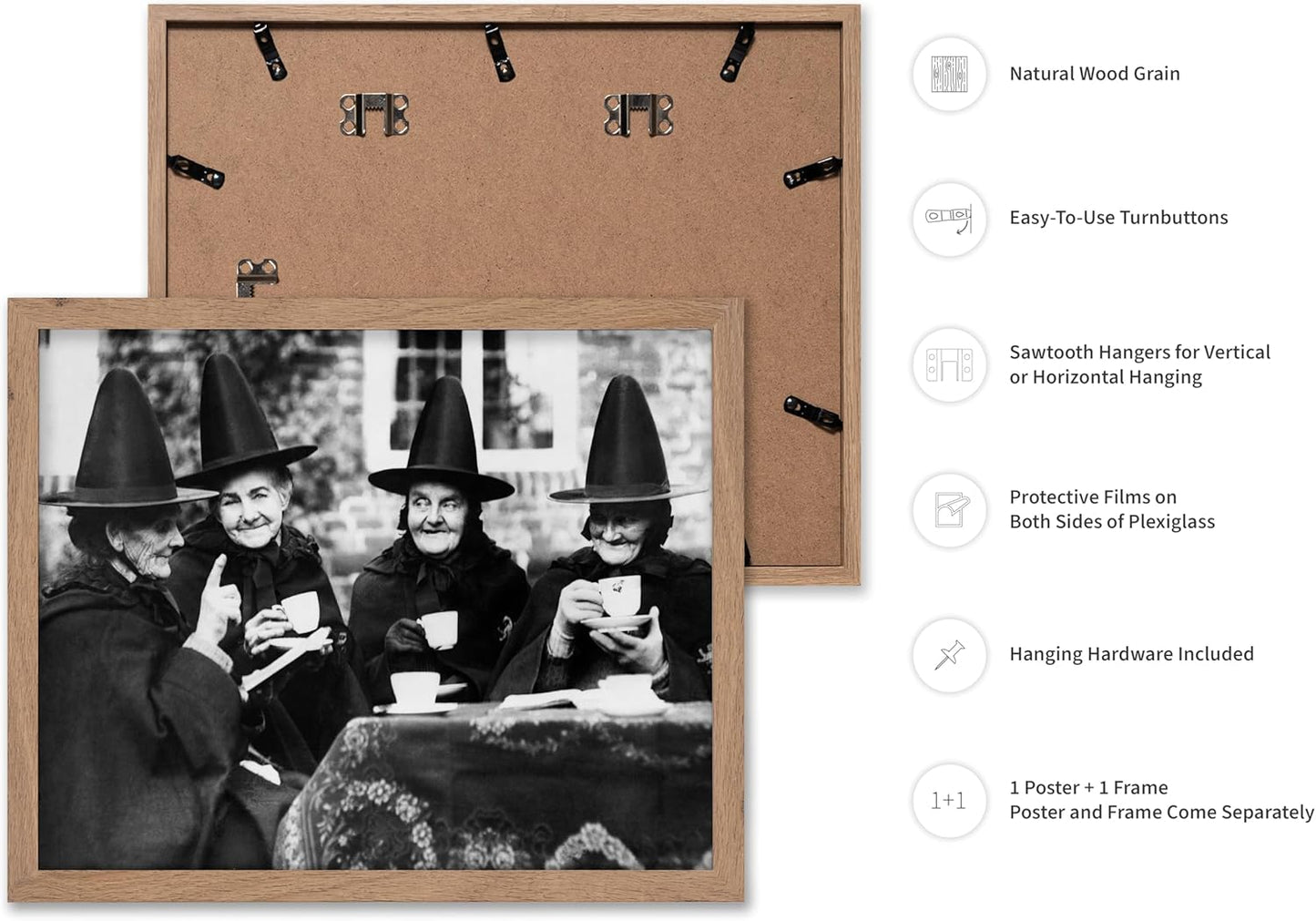 Poster Master Classic Photograph Poster - Vintage Halloween Print - Gift for Artist, Friend - Witches Tea Party, Old Women Smiling, Wearing Robes - Wall Decor for Living Room, 8x10 Beige Framed