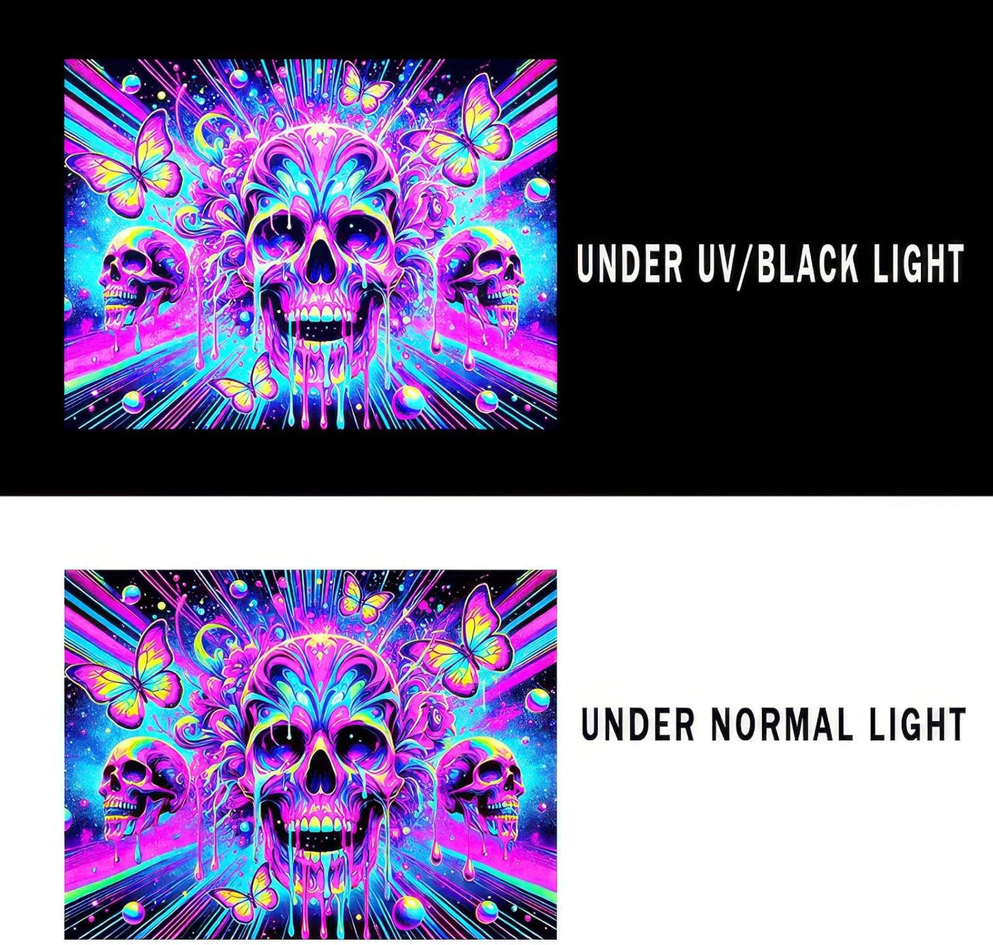 BlissYard Blacklight Skull Butterfly Tapestry 78x59 Inch UV Reactive Wall Art for Bedroom Living Room Decor