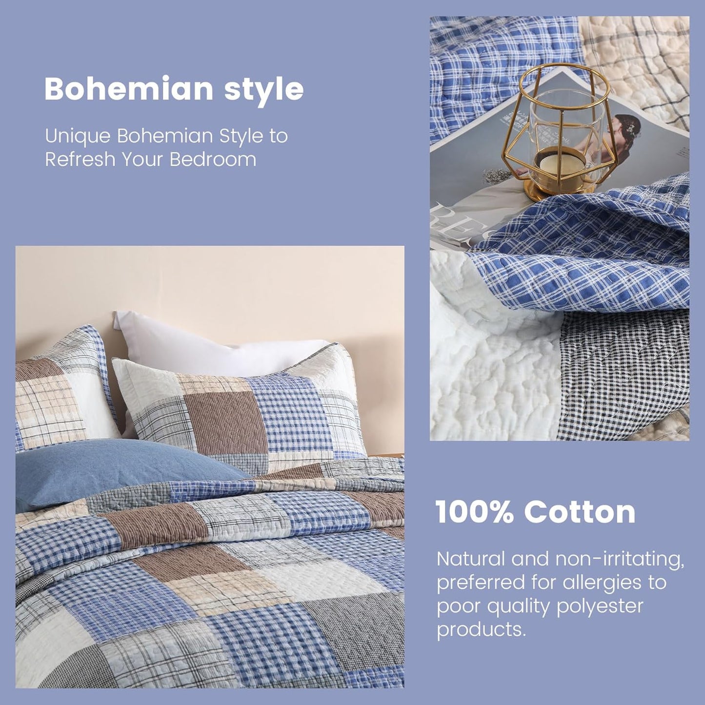 Secgo Queen Comforter Set for Bed - 100% Cotton Quilts Queen Size, Bule, Plaid Bedspreads (90 * 98 Inch) with 2 Pillow Shams, Patchwork Reversible Lightweight Bedding