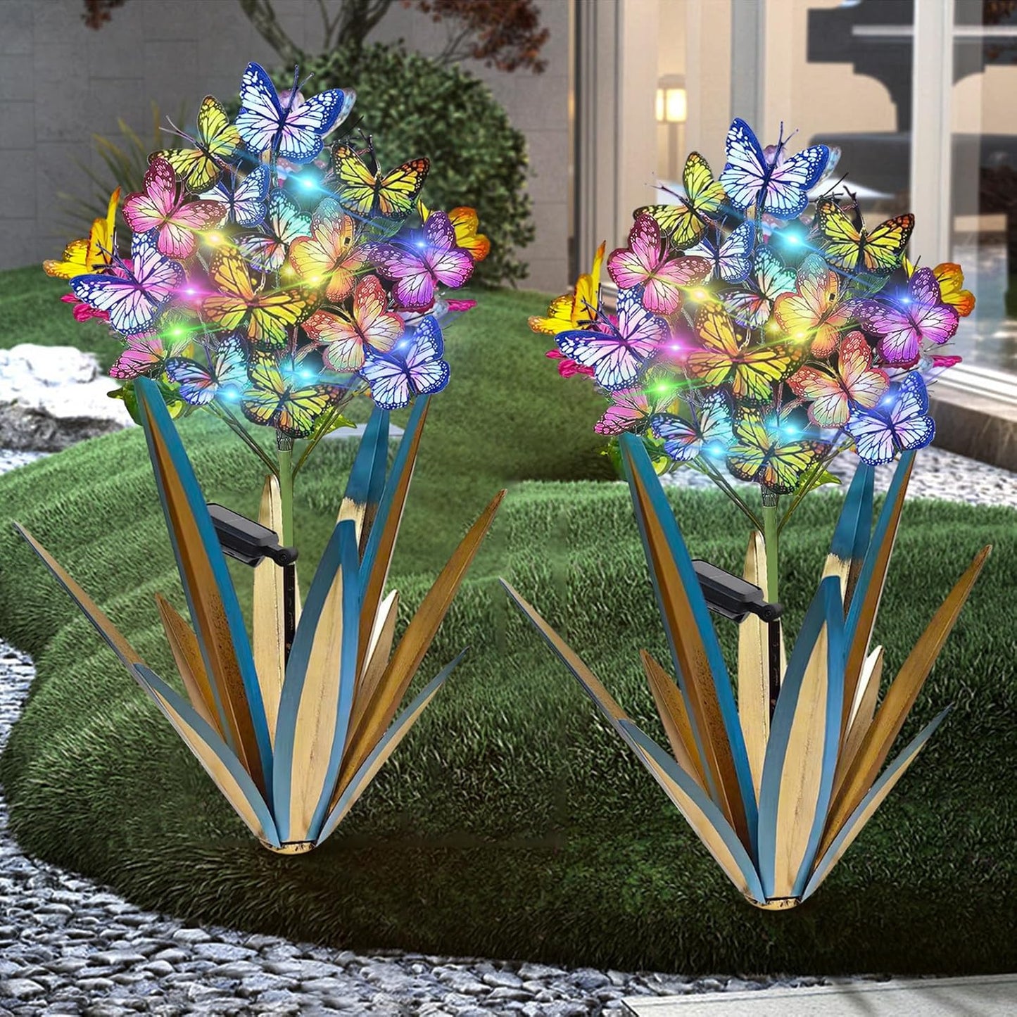 Homight Solar Metal Agave Butterfly Flower Stick Garden Sculpture - Outdoor Gift, Christmas Lights - Swaying Butterfly Garden Lights (2 PCS Blue)