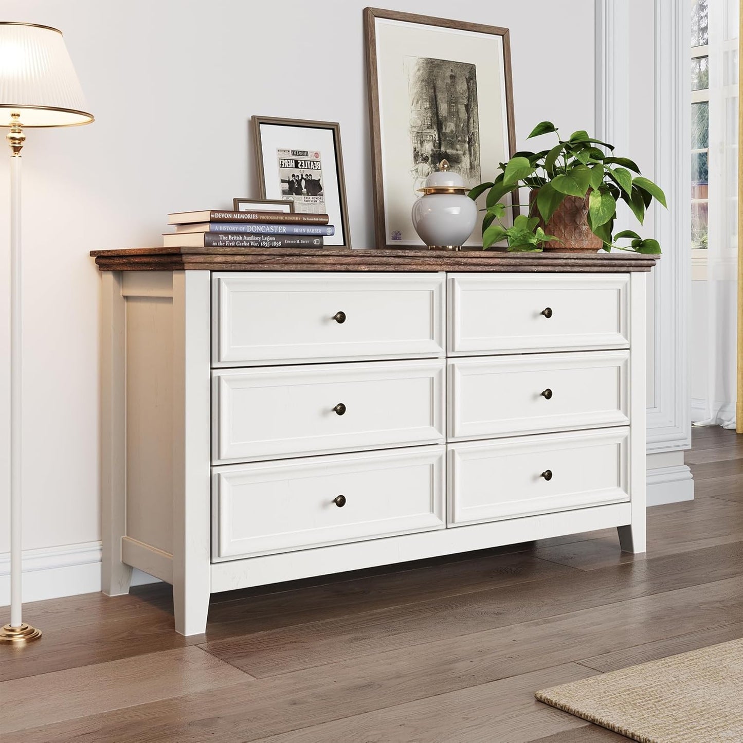 BLANKSPACE 6 Drawer Dresser, Modern Dresser for Bedroom, Wood Drawer Organizer with Metal Knobs, Large Capacity Cabinet for Bedroom, Antique White