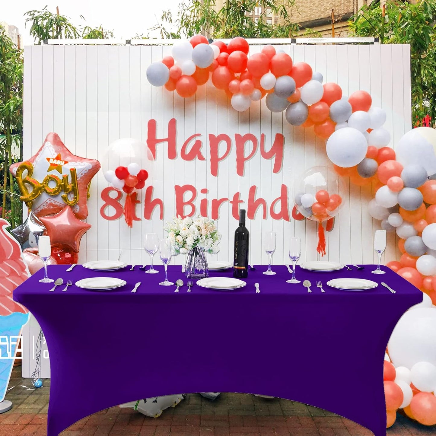 SuperO 2Pack Waterproof Spandex Table Cover for 8FT Table Universal Fitted Stretch Tablecloth for Party, Banquet, Wedding and Events-Purple