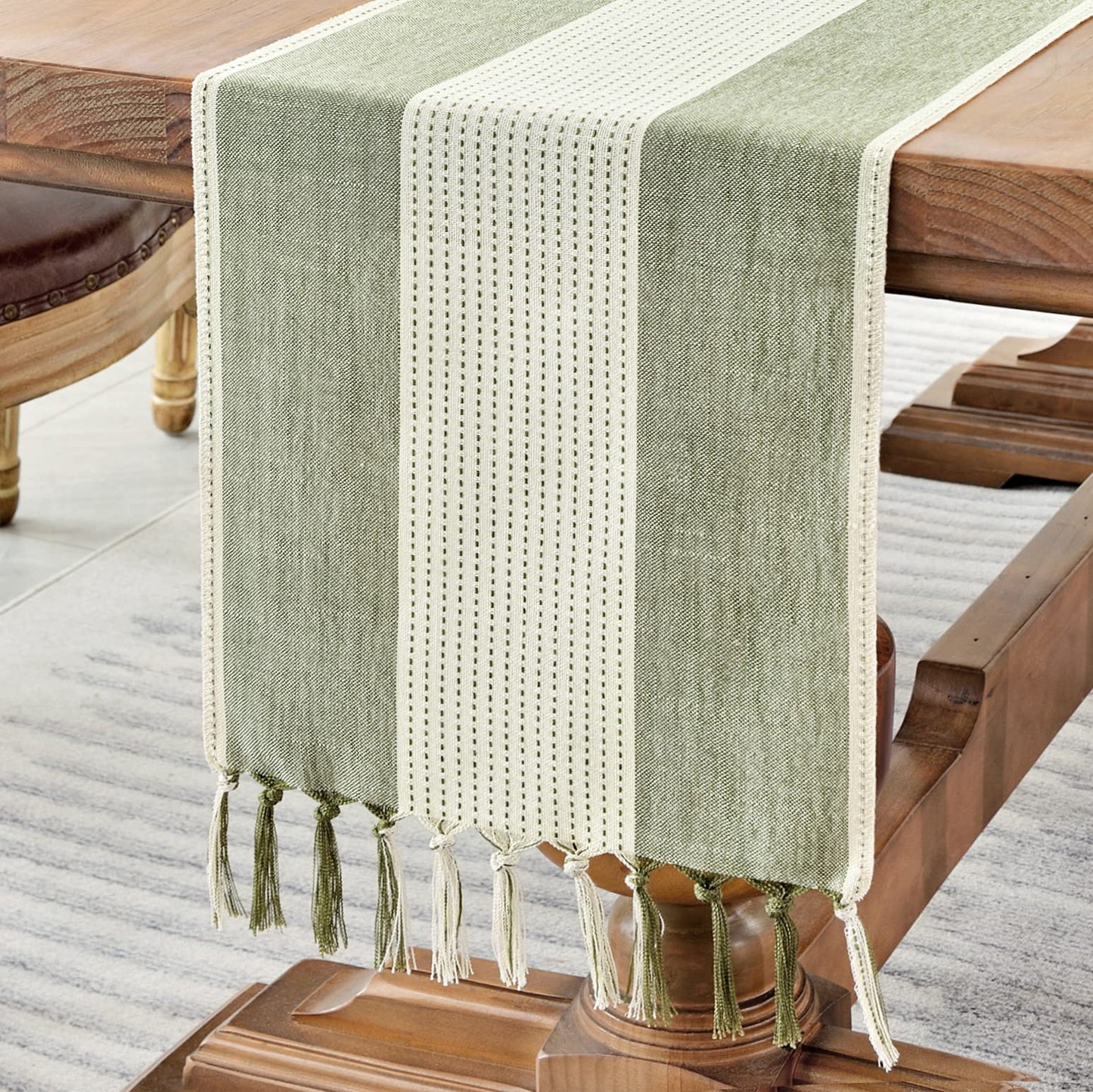Wracra Farmhouse Macrame Linen Table Runner for Dining, Wedding, & Dresser Decor – Sage Green – Available in 6 Sizes!
