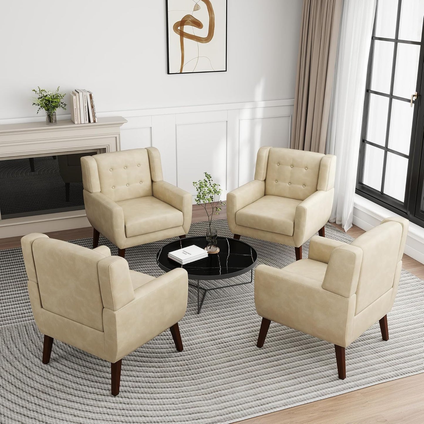 UIXE Faux Leather Accent Chairs Set of 4, Modern Arm Club Chair Upholstered Armchair for Living Room, Comfy Single Sofa Seats Button Tufted Reading Seating, Cream