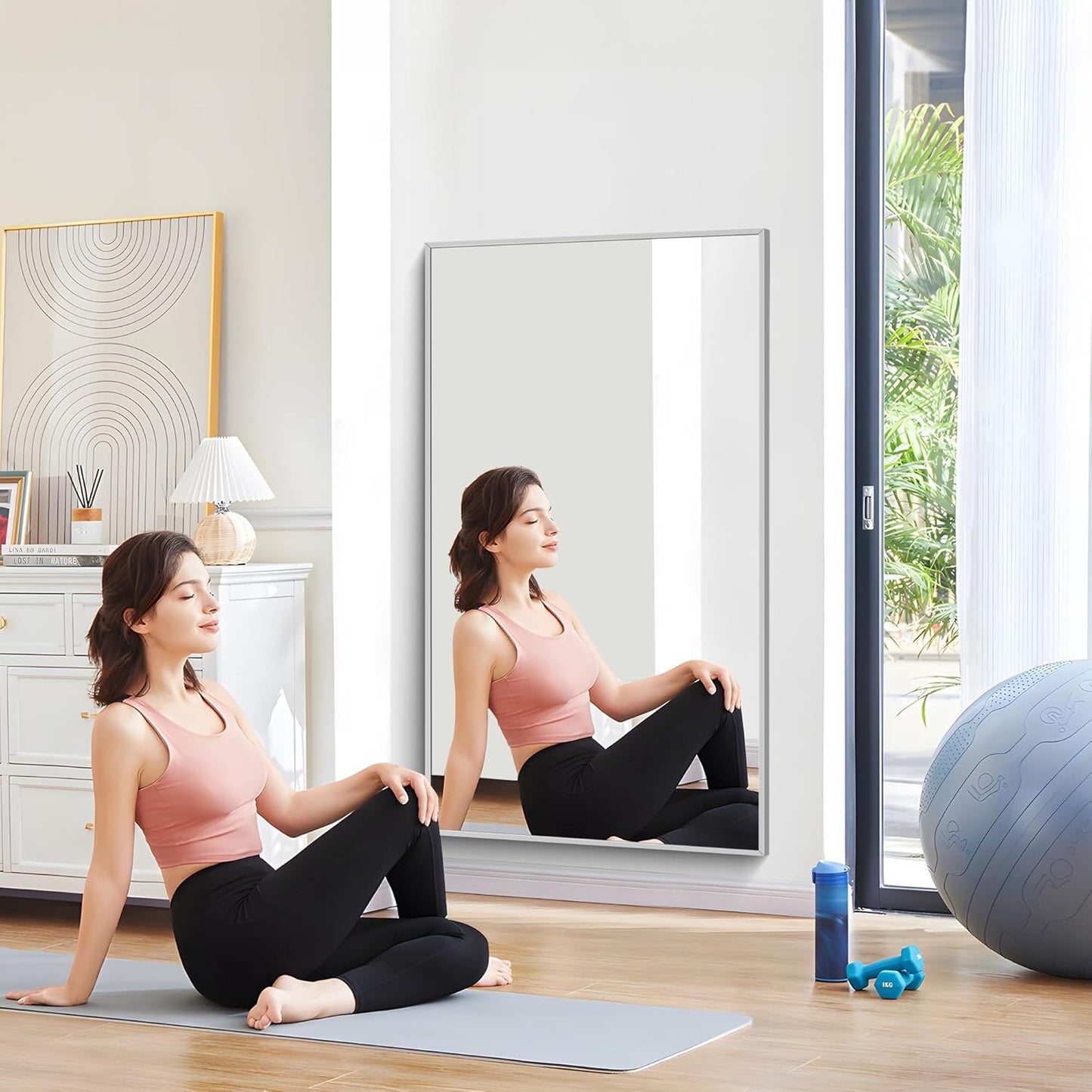 30x55In Silver Bathroom Mirror for Wall, Brushed Nickel Rectangle Mirrors with Metal Frame, Bathroom Rectangular Mirror Modern Wall Mirror for Bedroom Living Room, Hangs Horizontal or Vertical