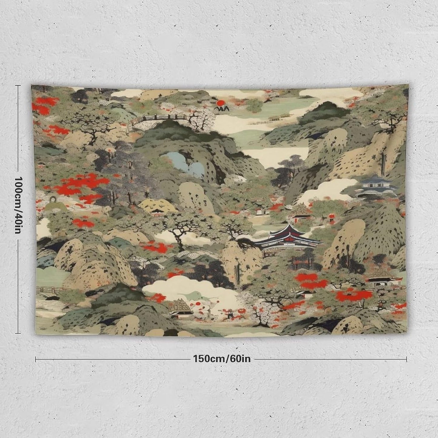 Asian Tapestry,Japanese Red Landscape Asian Watercolor Abstract Art Tapestry, Asian Japanese Wall Tapestry, Nature Landscape Tapestries for Bedroom Living Room Decor 60"x40"