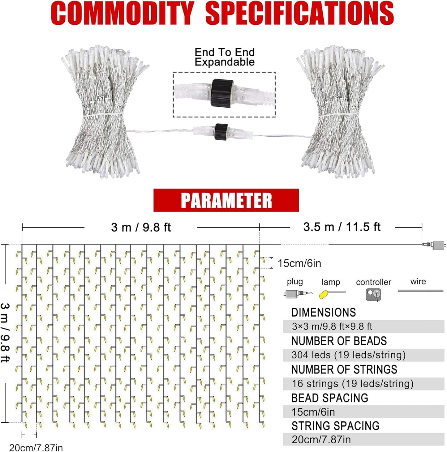 HEYFUNi Fiee Curtain Lights,304L 9.8ftX9.8ft 30V 8Modes Safety Window Lights with Memory for Home Wedding Christmas Party Patio Lawn Garden Bedroom Outdoor Indoor Wall Decorations (304LED, Green)