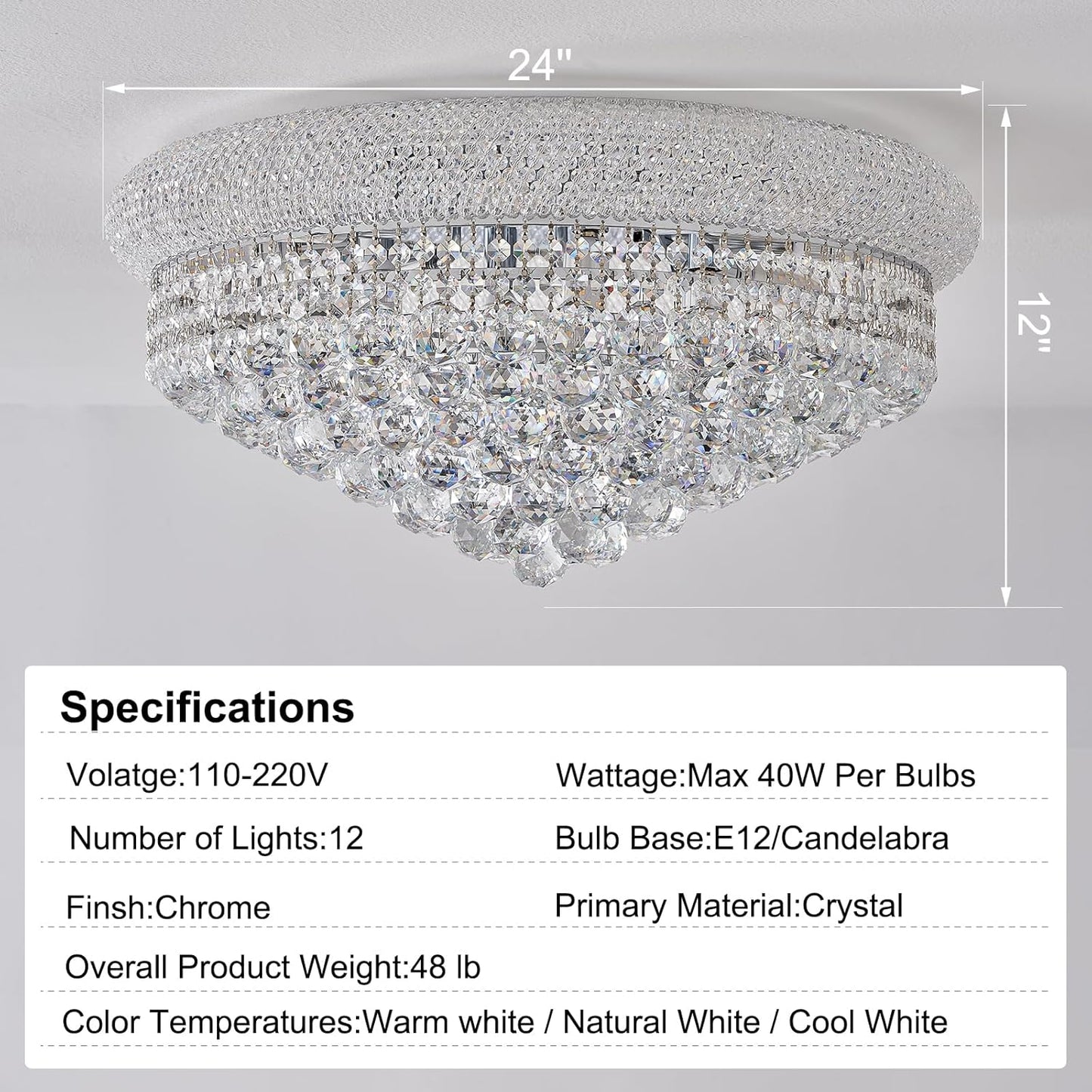 12-Light Crystal Flush Mount Chandelier Ceiling Light Fixture for Living Room Dining Room Bedroom Foyer Entryway Hallway Closet Bathroom (Chrome D24)