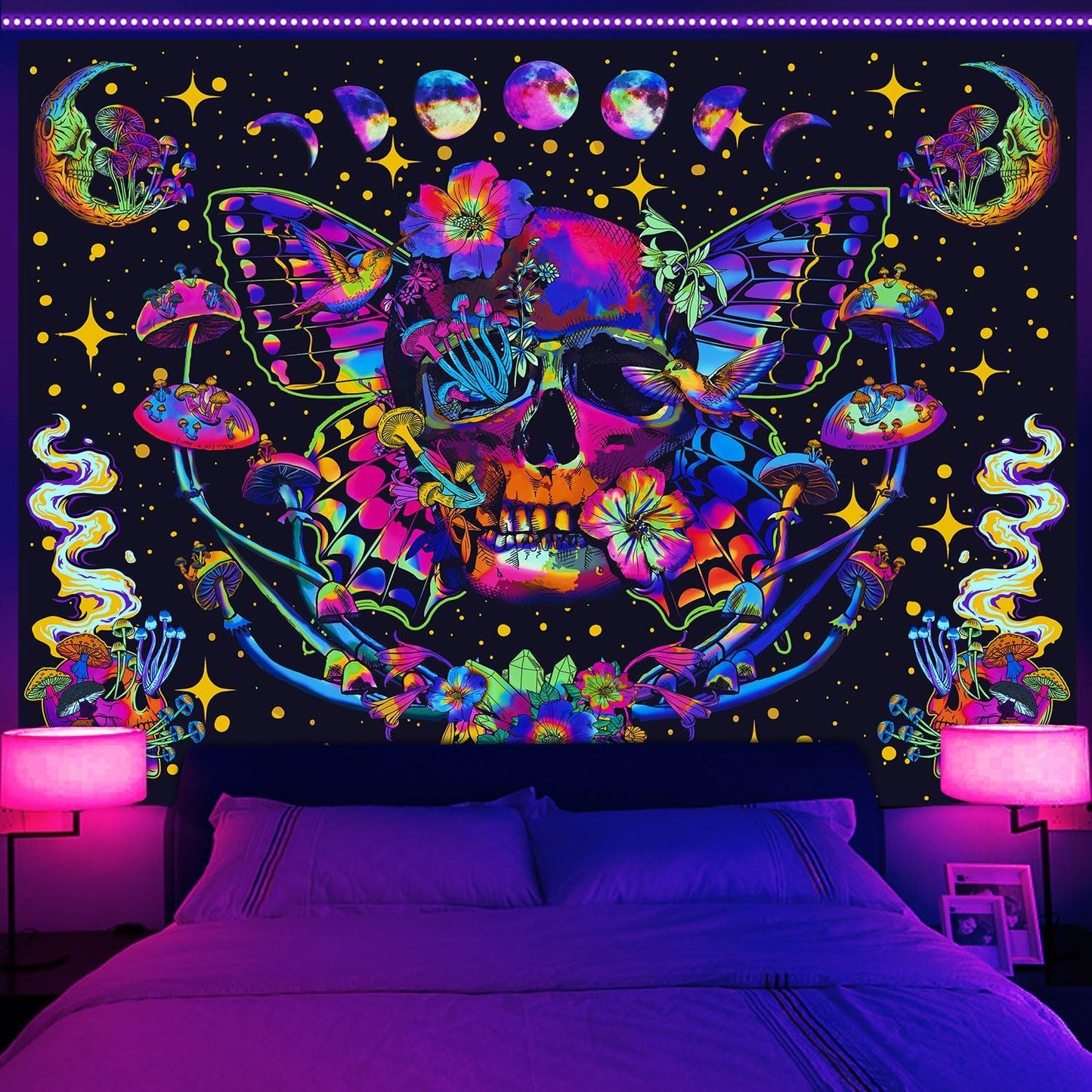 Skull Blacklight Tapestry, UV Reactive Skeleton Tapestry Trippy for Bedroom, Black Light Posters for Adults, Halloween Horror Wall Glow in Dark Tapestry Aesthetic Living Room Dorm Decor 60x51IN