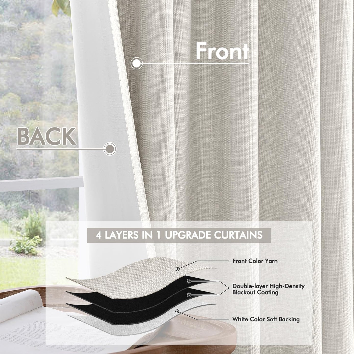 MIULEE 100% Blackout Curtains 108 Inch Long 2 Panels Set for Bedroom, Thick Faux Linen Black Out Curtain Room Darkening Back Tab Pleat Window Textured Drapes with Hooks for Living Room, Light Beige