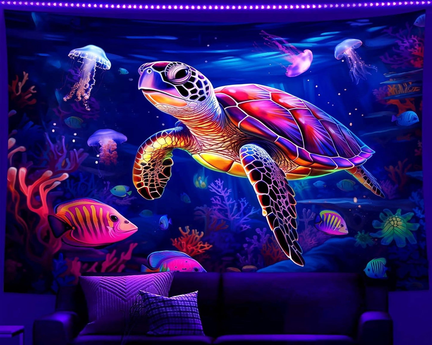 QGHOT Turtle Tapestry, Blacklight Ocean Wall Hanging Undersea Black Light Poster for Kids Glow in the Dark Kids Tapestry for Bedroom Children Toddler Room Decor 60x50in